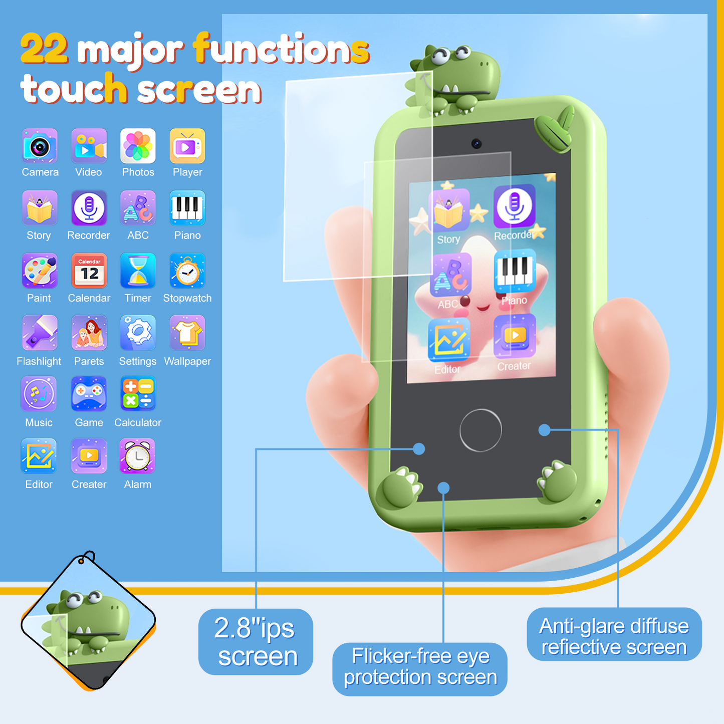 Hoofun Kids Smart Phone for Boys, 2.8" Touchscreen Play Phone with 32G SD Card, Dual Camera, Puzzle Game, Music Player, Christmas Birthday Gifts for Kids Green