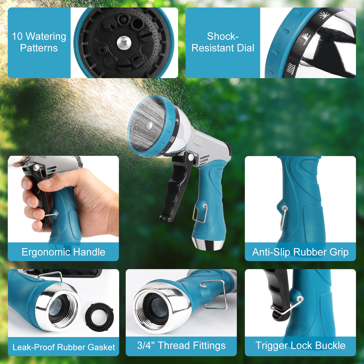 Teblint 2pcs Heavy-Duty Garden Hose Nozzles, Water Hose Nozzle Sprayer for Lawn & Garden, 10-Pattern Watering Nozzle for Watering Plants, Cleaning Cars, Showering Pets