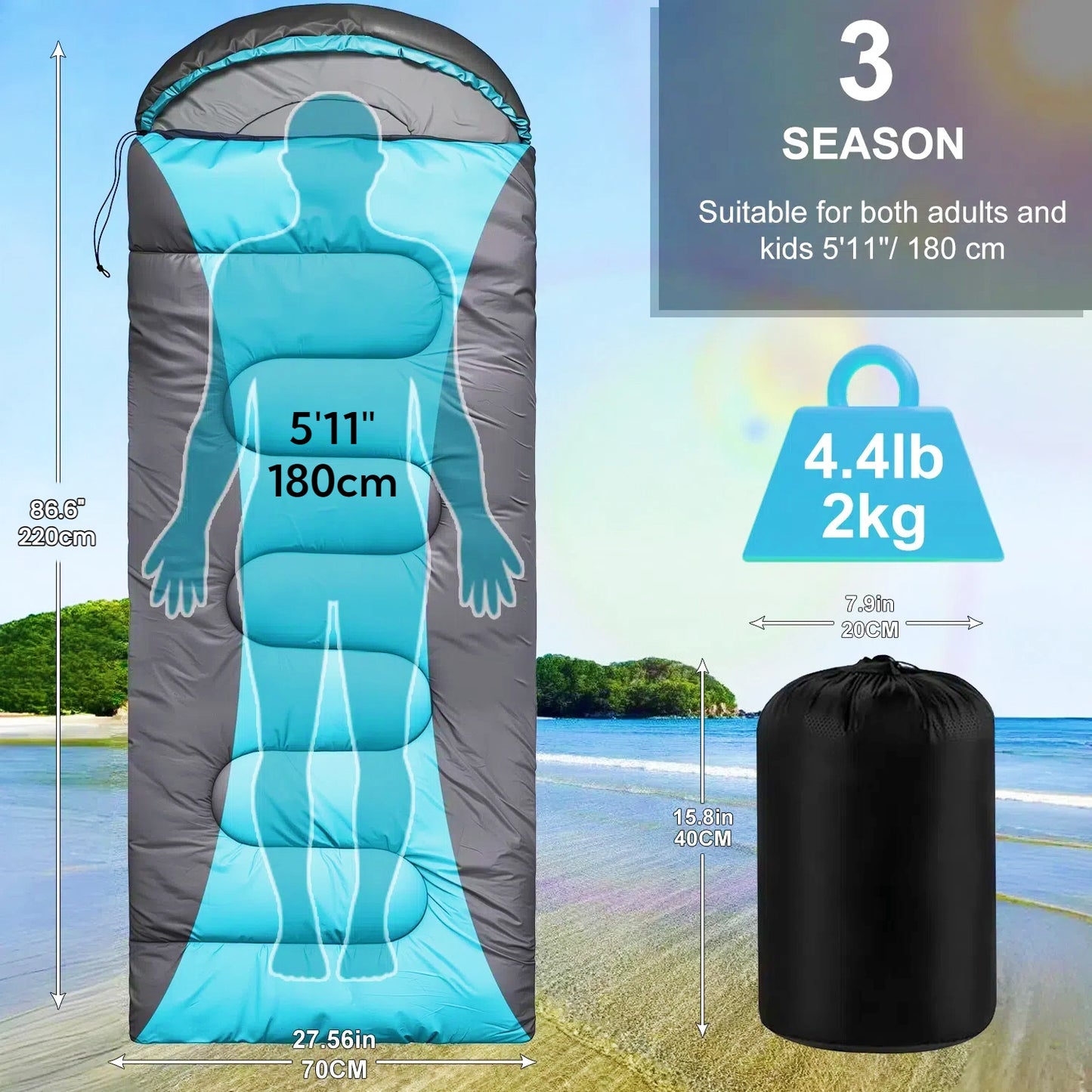 Teblint Camping Sleeping Bag for Adults Kids, 4-Season Cold Weather Sleeping Bag, Waterproof & Compression Sack Included, Camping Essentials Gear Accessories Hiking Sleep Must Haves (Blue)