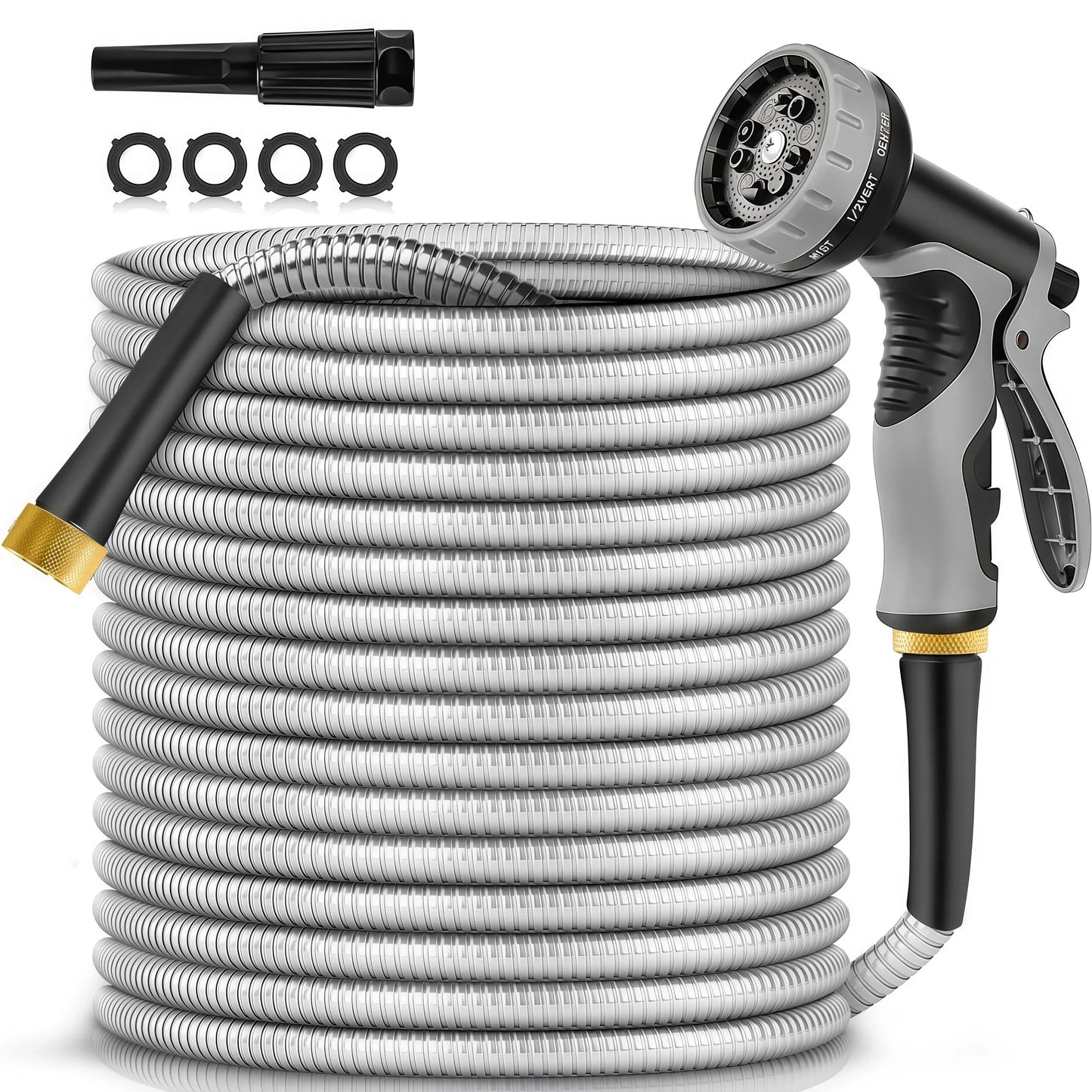 Teblint Metal Garden Hose, 3/4 inch x 50ft Stainless Steel Water Hose with 2 Spray Nozzles, Flexible, No Kink & Tangle, Leak & Puncture Proof