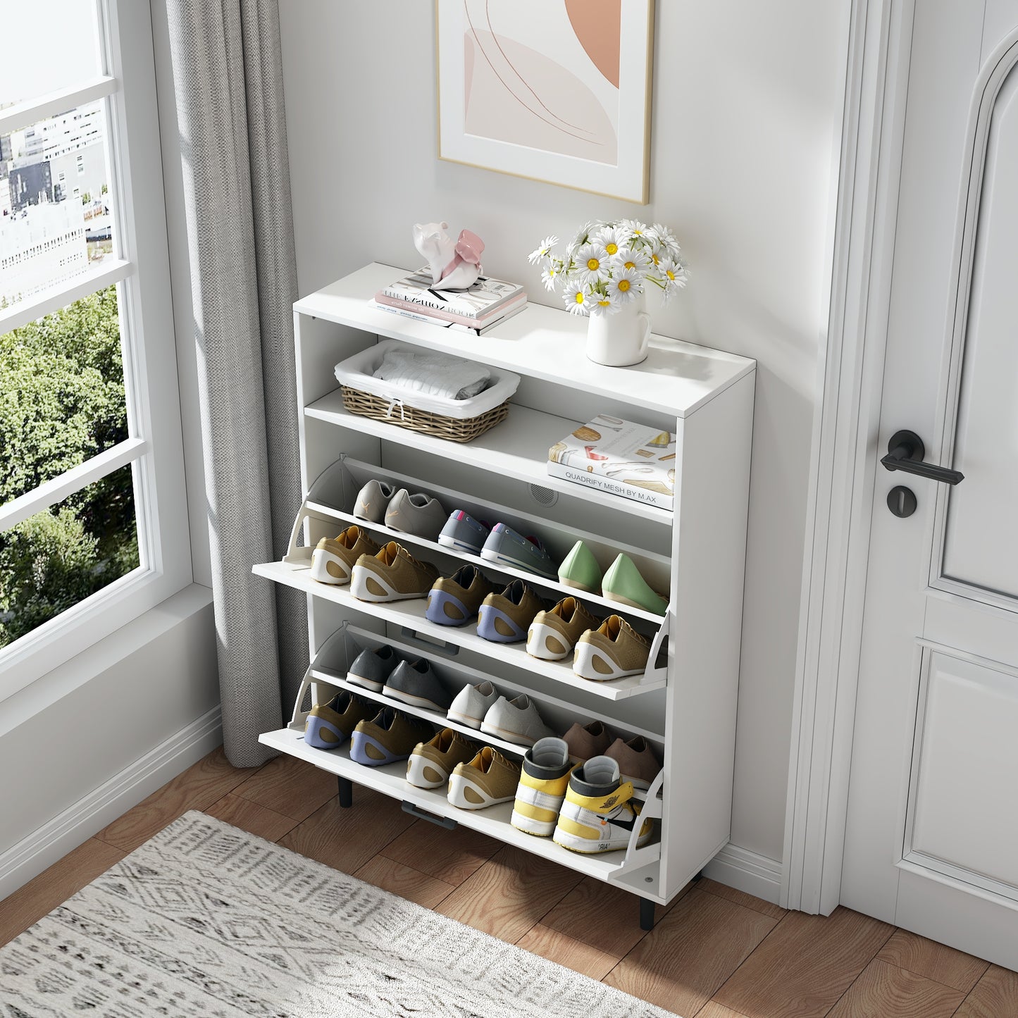 Farmhouse Shoe Storage Cabinet with Barn Door Design, Shoe Organizer with 2 Flip Drawers, Freestanding Narrow Shoe Rack Cabinet with Open Storage for Entryway,Foyer,Hallway (Antique White)