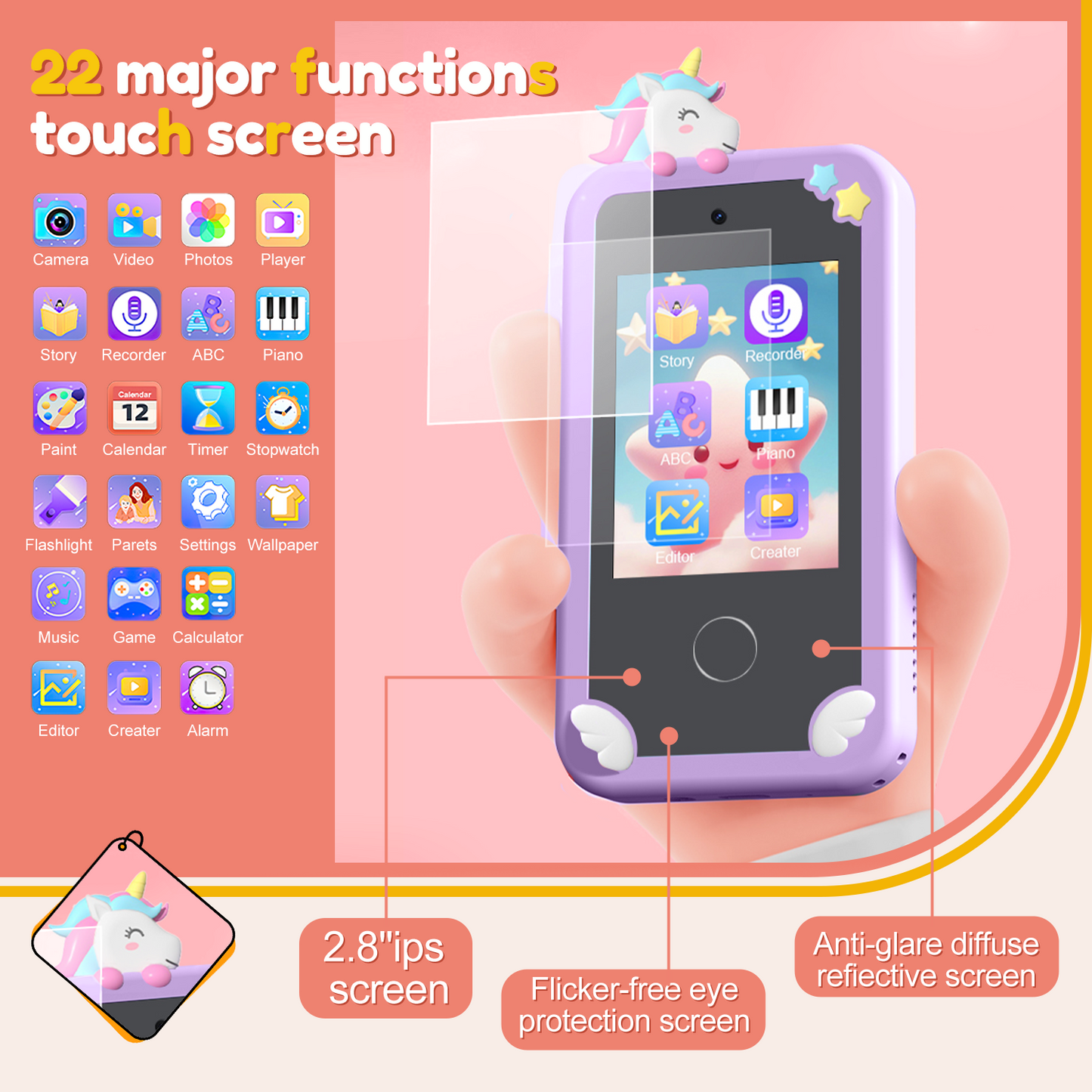 Hoofun Kids Smart Phone for Girls, 2.8" Touchscreen Play Phone with 32G SD Card, Dual Camera, Puzzle Game, Music Player, Christmas Birthday Gifts for Kids Purple