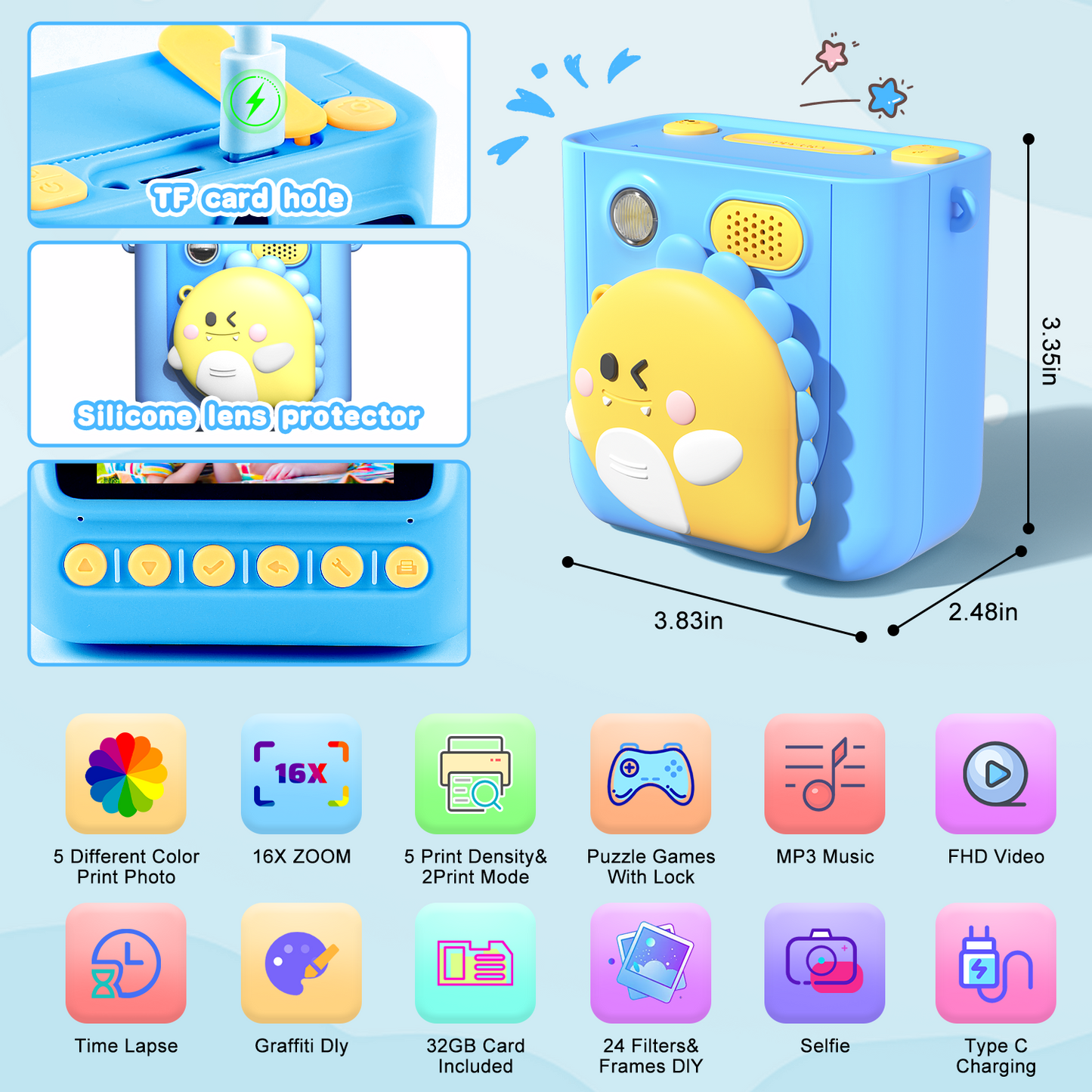 Teblint 2.4" Kids Camera Instant Print, 48MP & 1080P HD Digital Camera with 32GB Card, 3-Color Print Paper, Silicone Cover, Christmas Birthday Gifts for Boys & Girls Age 3-12, Blue