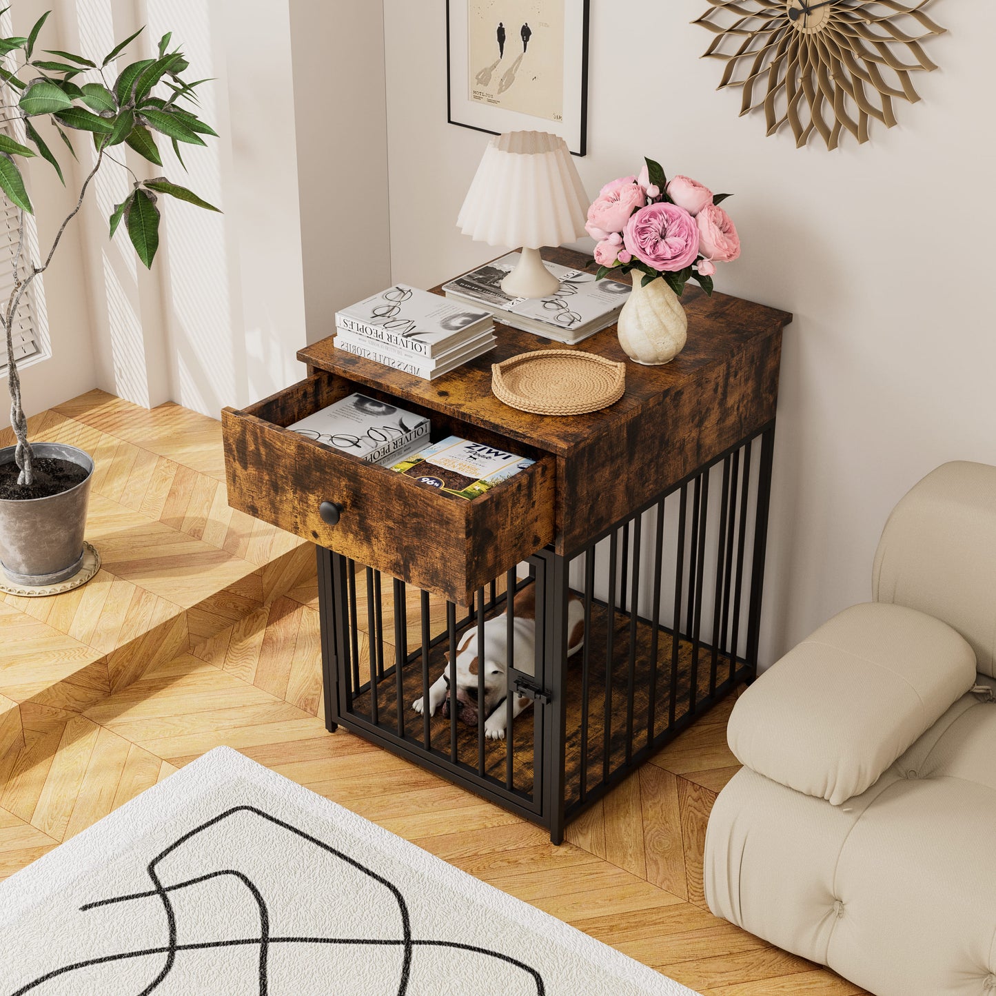 Wooden Dog Kennel End Table, Decorative Dog Cage Table with Drawer, Indoor Pet Crate End Table for Small Dog, Iron-Tube Dog Cage, Chew-Proof, Walnut