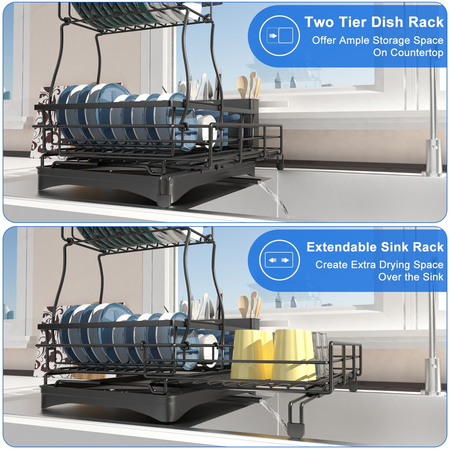 Teblint 2 Tier Dish Racks for Kitchen Counter, Expandable Dish Drying Rack with Dish Drainer, Detachable Dish Dryer for Kitchen Organizer, Rust-Resistant Dish Rack Drain Set with Utensil Holder