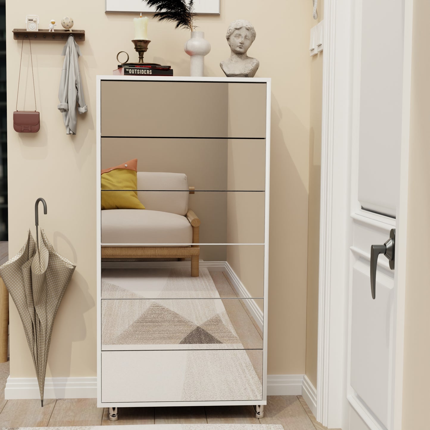 Mirror Shoe Cabinet With 6 Flip Drawers, Mirror Shoe Rack Organizer Store 25 Pair Shoes, Mirror Shoe Storage With 4 Metal Legs, Wood Shoe Storage Organizer for Hallway Bedroom Living Room, White