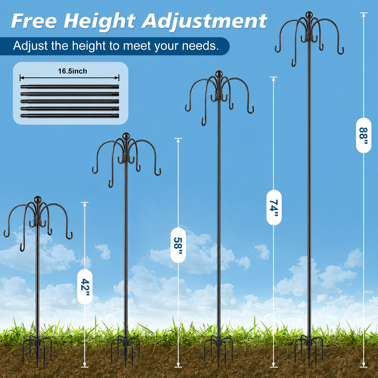 Teblint 88" Heavy Duty Shepherds Hooks for Outdoor, 4-Hook Adjustable Bird Feeder Pole with Reinforced 5-Prong Base, Garden Hanger Stand for Bird Feeders, Hanging Plants, Solar Lights & Lanterns