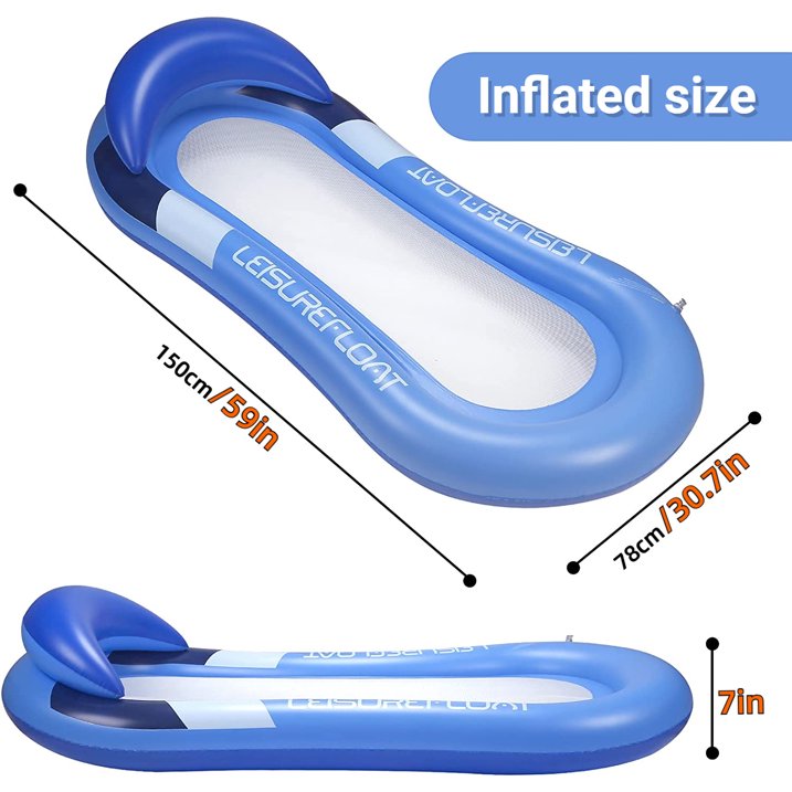 Inflatable Pool Floats Raft, Floating Pool Lounge with Headrest, Cooling Pool Floaties Contour Lounger, Water Hammock, Swim Pool Raft with Mesh, Beach Toy for Adults (Blue)
