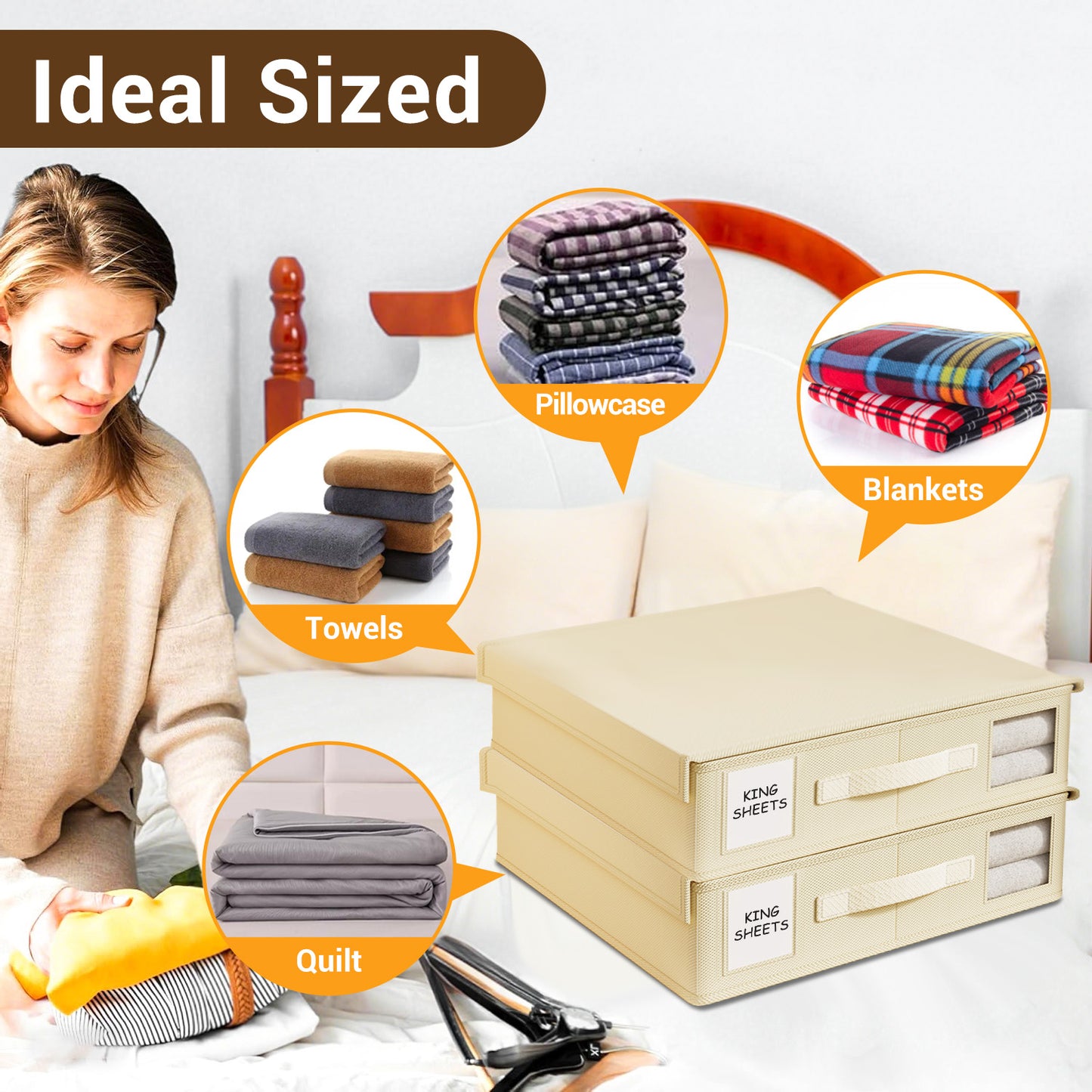 SPORTS JOY 4Pack Bed Sheet Organizer and Storage, Foldable Linen Closet Organizer and Storage with Window, Sheet Storage Organizer for Bedsheets, Blankets and Towel, Duvet Covers (Beige)
