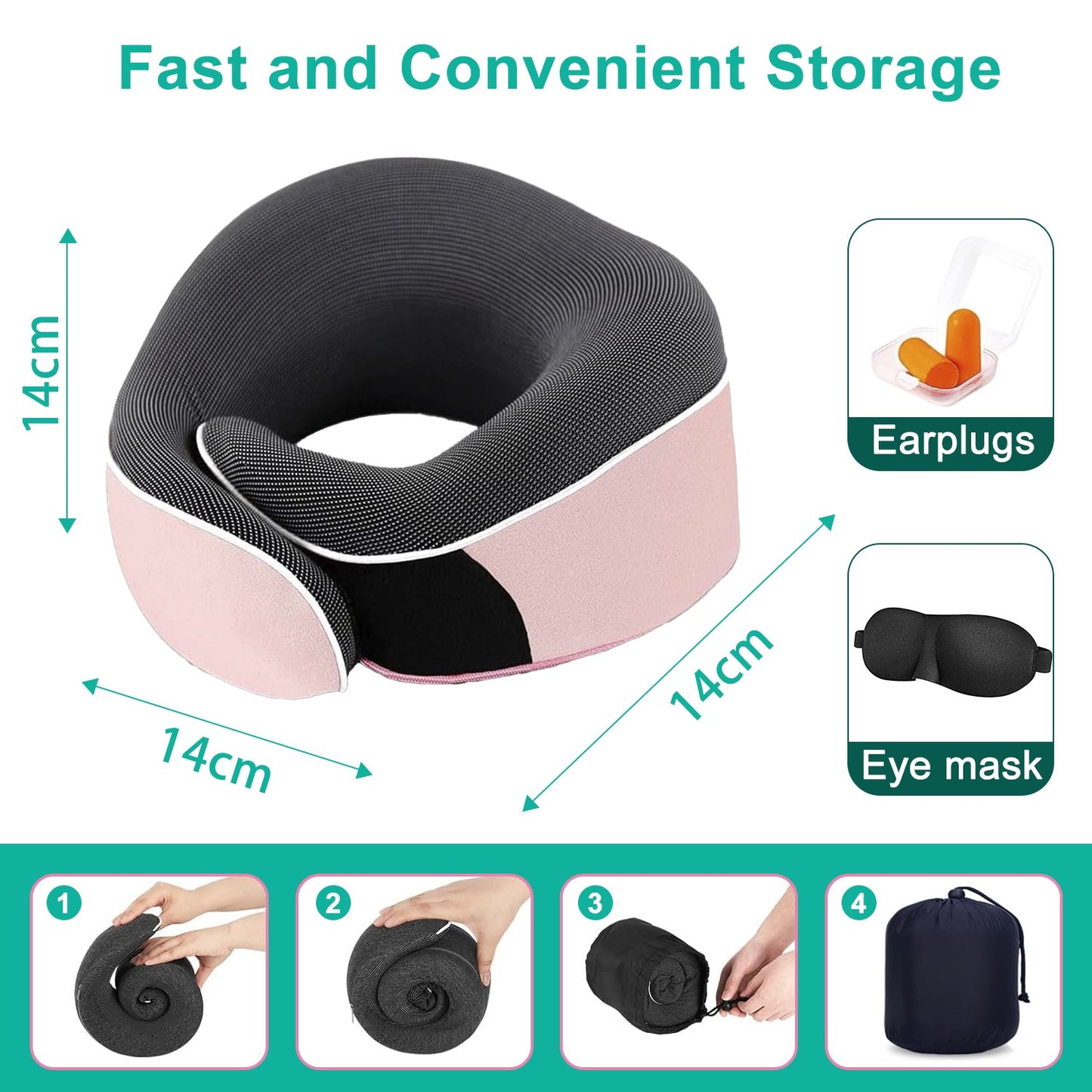 Travel Pillow, Memory Foam Travel Neck Pillow, Adjustable 360° Ergonomic Support Function for Travel with Pillow, Mask, Earplugs, Storage Bag