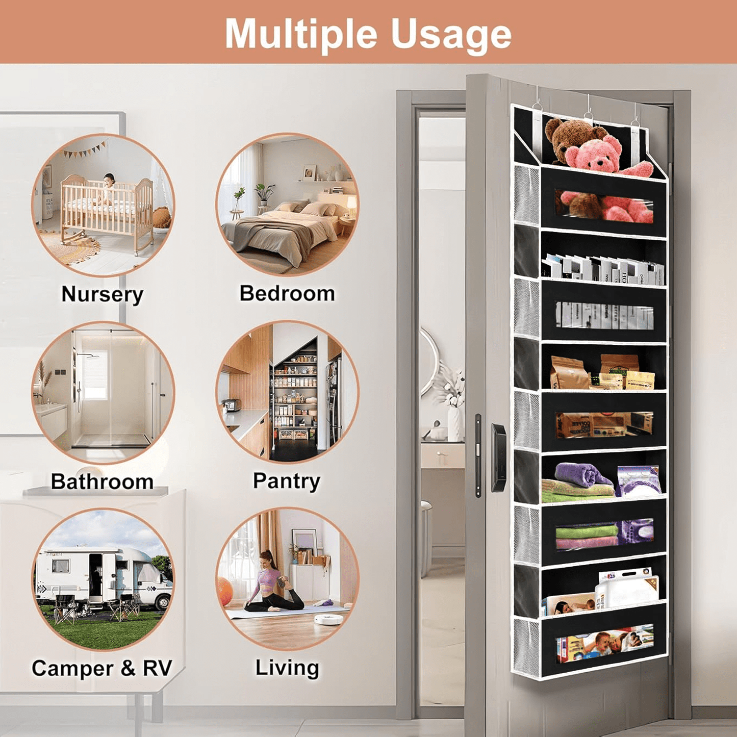 SPORTS JOY 5-shelf Over Door Organizer Storage, Upgrade Hanging Storage with Clear Window, 50lbs Load Storage Organizer for Bedroom, Bathroom, Nursery, Baby Kids Toys, Diapers, Pantry (Black)
