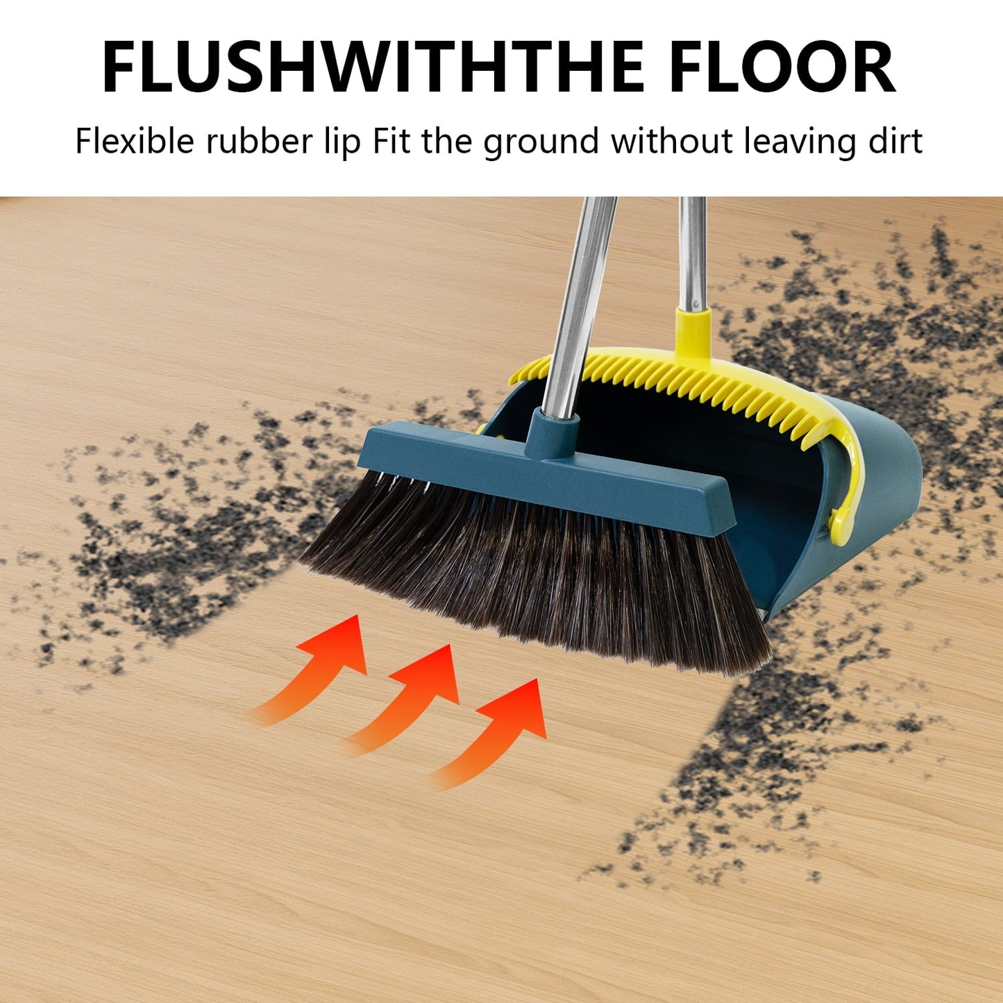 Broom and Dustpan Set, Adjustable Handle, Self-Cleaning Teeth, Space-Saving for Home, Kitchen, Office (Blue)