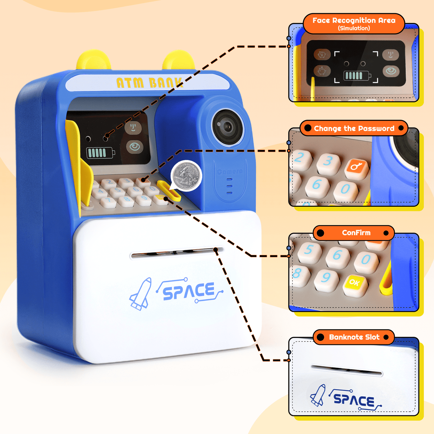 Kidsjoy Piggy Bank Toy, ATM Savings Bank Cashier Early Learning with Password Protection Money Bank Money Scroll Saving Box for Boys and Girls, Blue