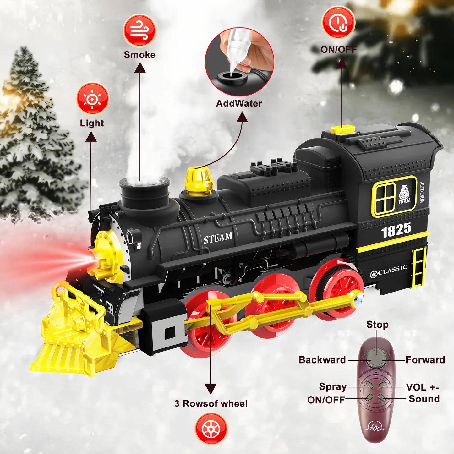 Teblint Train Set Toy with Remote Control, Electric Toy Train with Smoke, Lights & Sound, Rechargeable Steam Locomotive Engine Train Toy for 3 4 5 6 7 8+ Years Old Kids, Christmas Birthday Gift