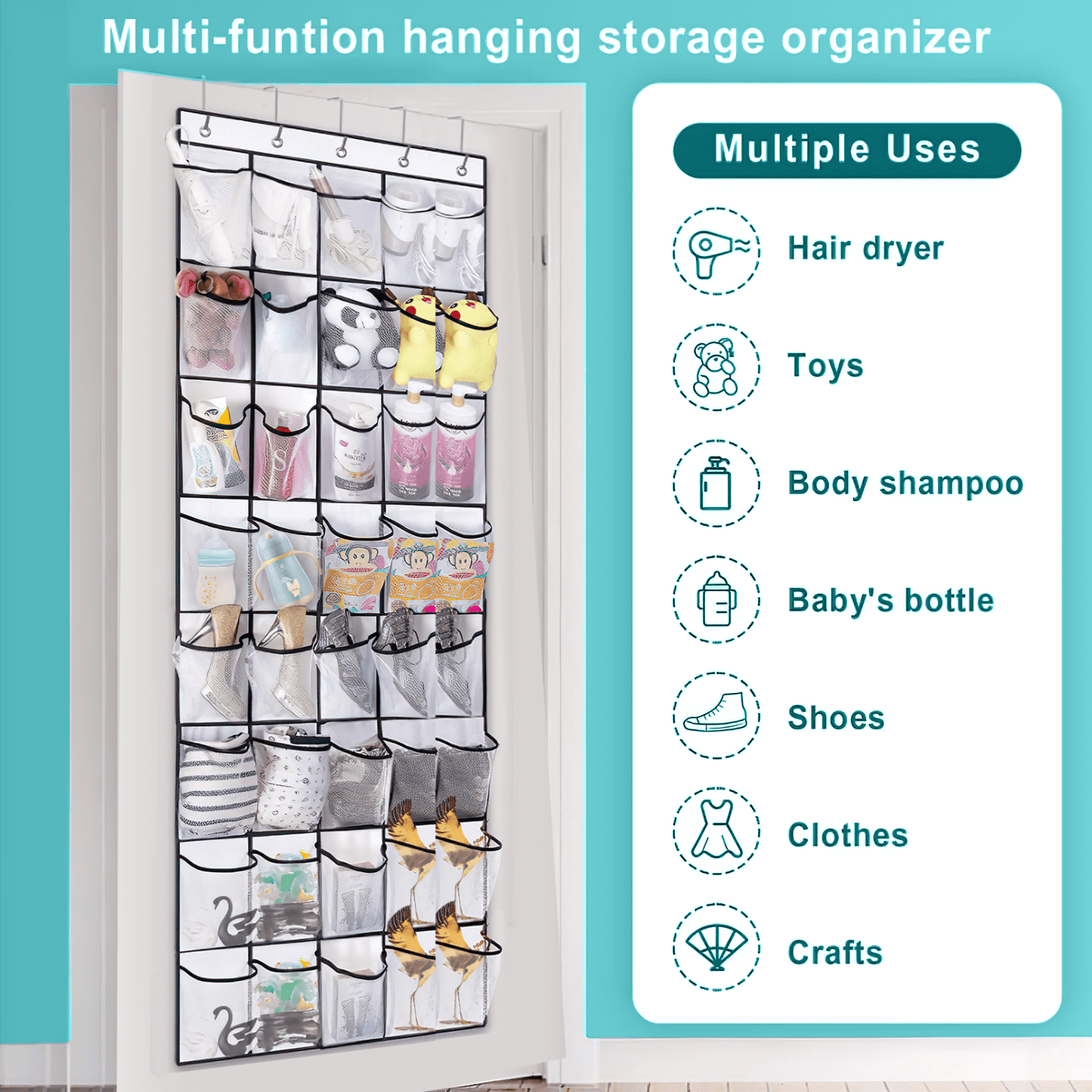 SPORTS JOY 40 Pockets Over the Door Shoe Organizer, Hanging Shoe Organizer for Door with 40 Mesh Pockets Large Capacity Shoe Hanging Storage Bag with 4 Metal Hooks (White)