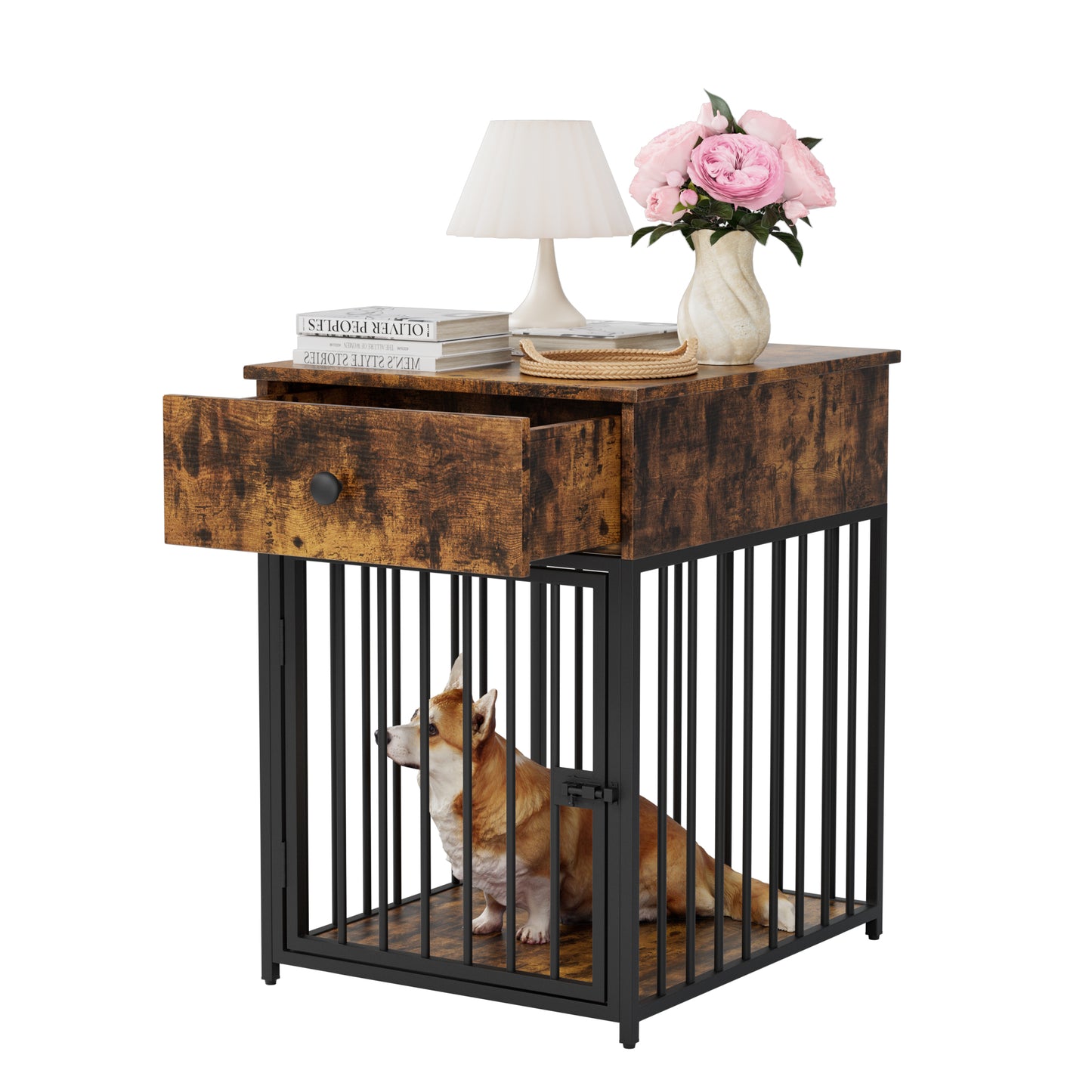 Wooden Dog Kennel End Table, Decorative Dog Cage Table with Drawer, Indoor Pet Crate End Table for Small Dog, Iron-Tube Dog Cage, Chew-Proof, Walnut