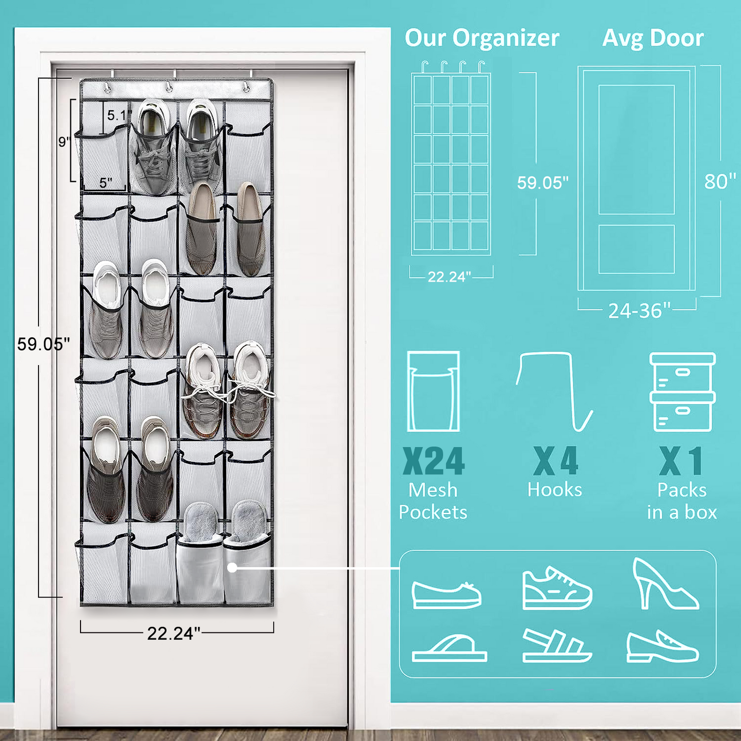SPORTS JOY 24 Pocket Over the Door Shoe Organizer with 4 Metal Hooks, Breathable Mesh Hanging Shoe Organizer, Hanging Storage Bag for Store Shoes, Toys, Cosmetics, Jewelry, Miscellaneous Items(White)