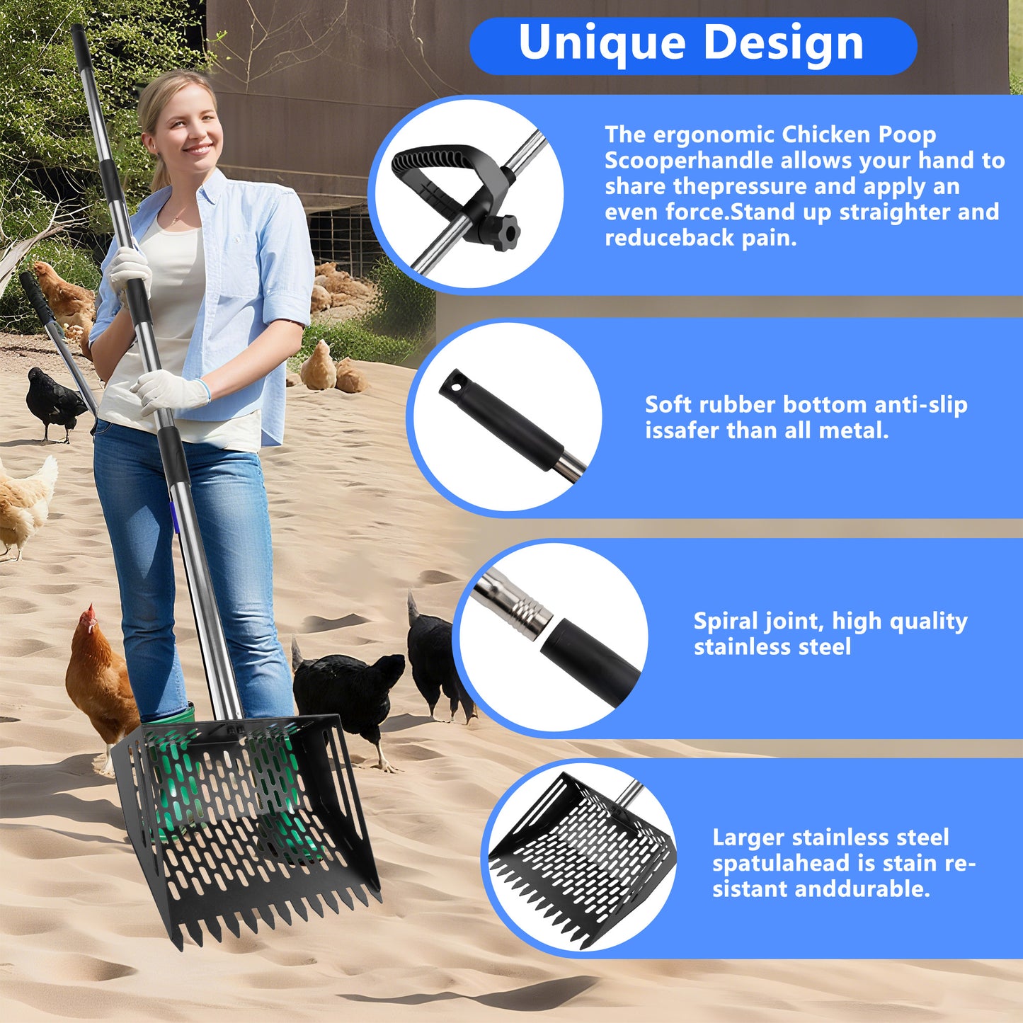 Metal Chicken Poop Scooper, 24 to 68" Long Chicken Coop Litter Scoop with Stainless Steel Handle, 4 in 1 Multifunctional Heavy Duty Litter Sifting Shovel Chicken Coop Accessories