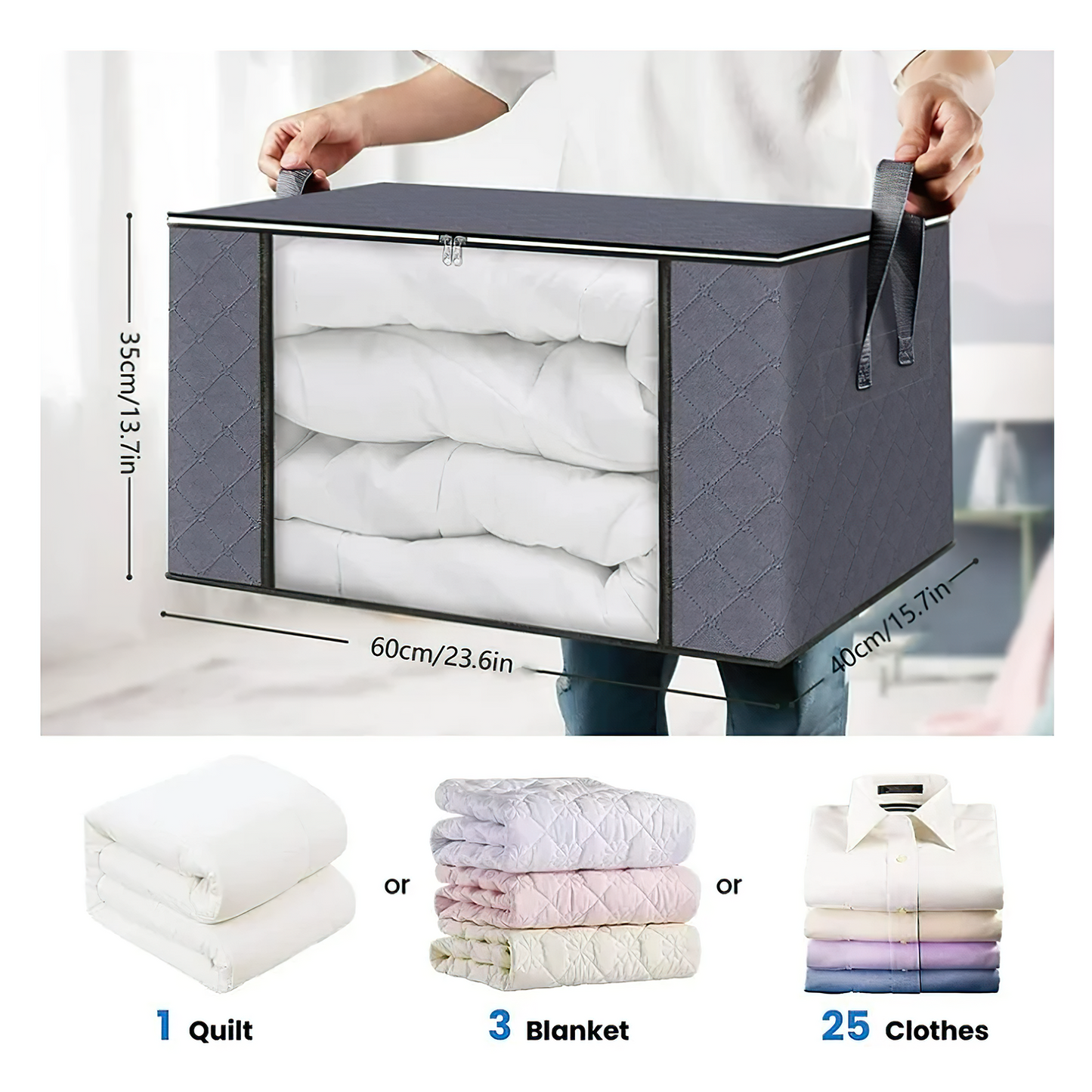 SPORTS JOY 2Pcs Large Clothes Storage Bag, 90L Foldable Comforter Storage Bag with Zipper and Handle, Closet Organizers for Organizing Seasonal Clothing, Blanket, Comforters, Pillows, Sweaters(Gray)