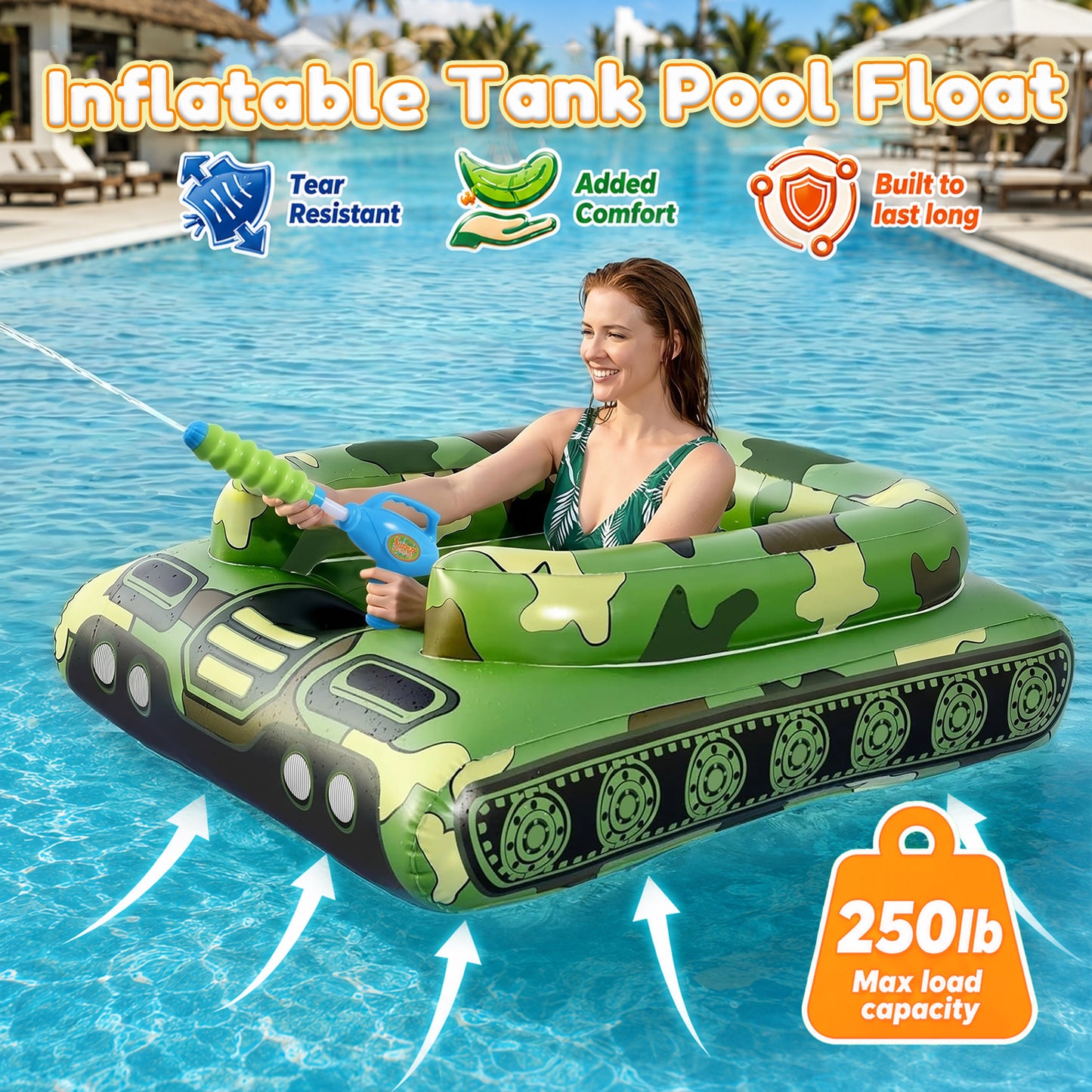 Inflatable Tank Pool Floats Adults - Large Pool Floaties Swimming Pool Tank with Water Cannon Blaster Swim Floaty Rafts Lake Beach Party Water Toys for Adults Green