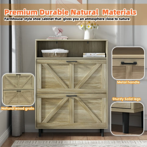 Farmhouse Shoe Storage Cabinet with Barn Door Design, Shoe Organizer with 2 Flip Drawers, Freestanding Narrow Shoe Rack Cabinet with Open Storage for Entryway,Foyer,Hallway (Natural)