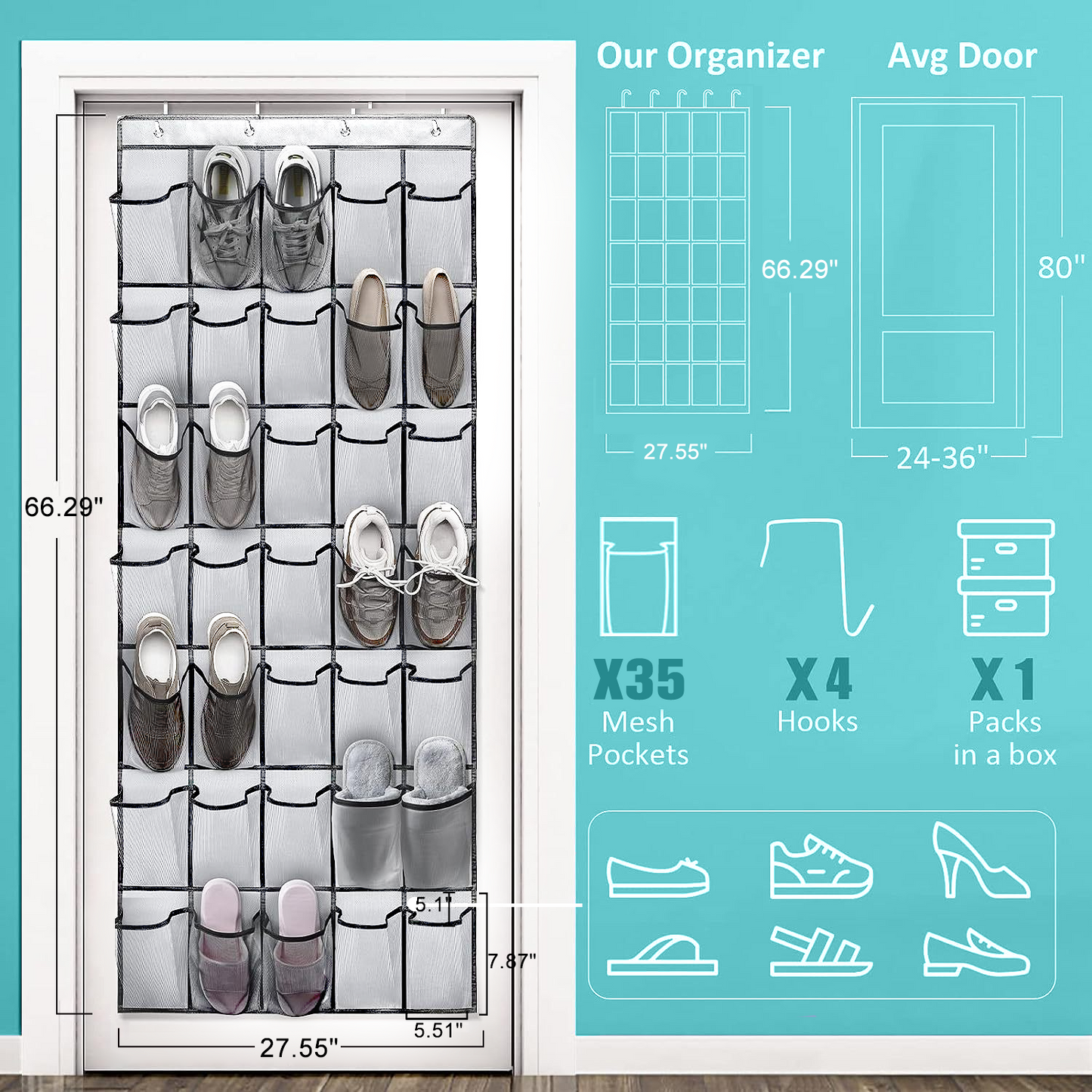 SPORTS JOY 35 Pockets Over the Door Shoe Organizer, Hanging Shoe Organizer for Door with 35 Mesh Pockets Large Capacity Shoe Hanging Storage Bag with 4 Metal Hooks (White)