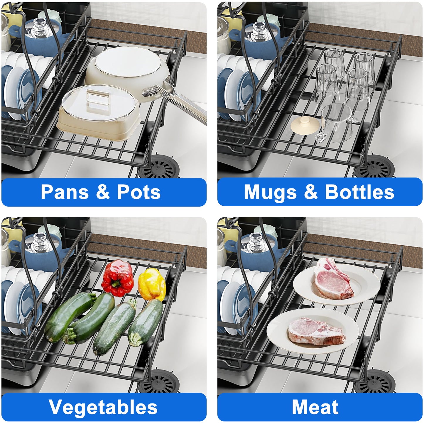 Teblint 2 Tier Dish Racks for Kitchen Counter, Expandable Dish Drying Rack with Dish Drainer, Detachable Dish Dryer for Kitchen Organizer, Rust-Resistant Dish Rack Drain Set with Utensil Holder