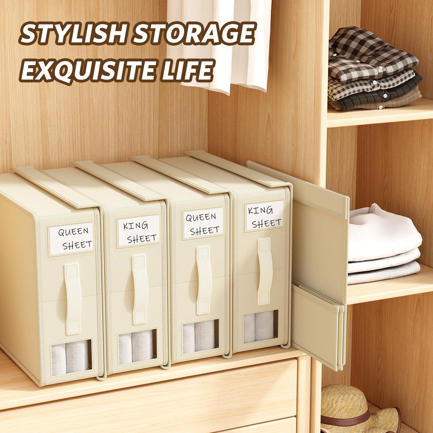 SPORTS JOY 4Pack Bed Sheet Organizer and Storage, Foldable Linen Closet Organizer and Storage with Window, Sheet Storage Organizer for Bedsheets, Blankets and Towel, Duvet Covers (Beige)