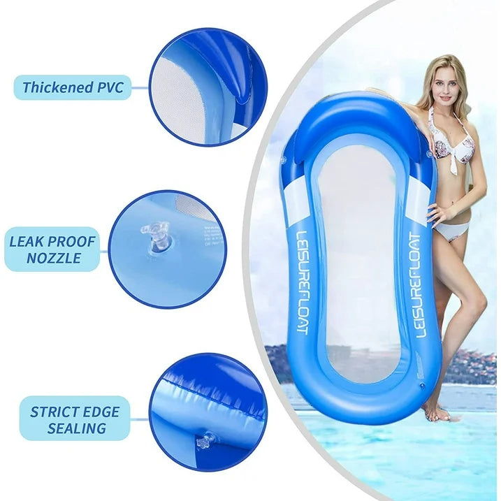 Inflatable Pool Floats Raft, Floating Pool Lounge with Headrest, Cooling Pool Floaties Contour Lounger, Water Hammock, Swim Pool Raft with Mesh, Beach Toy for Adults (Blue)