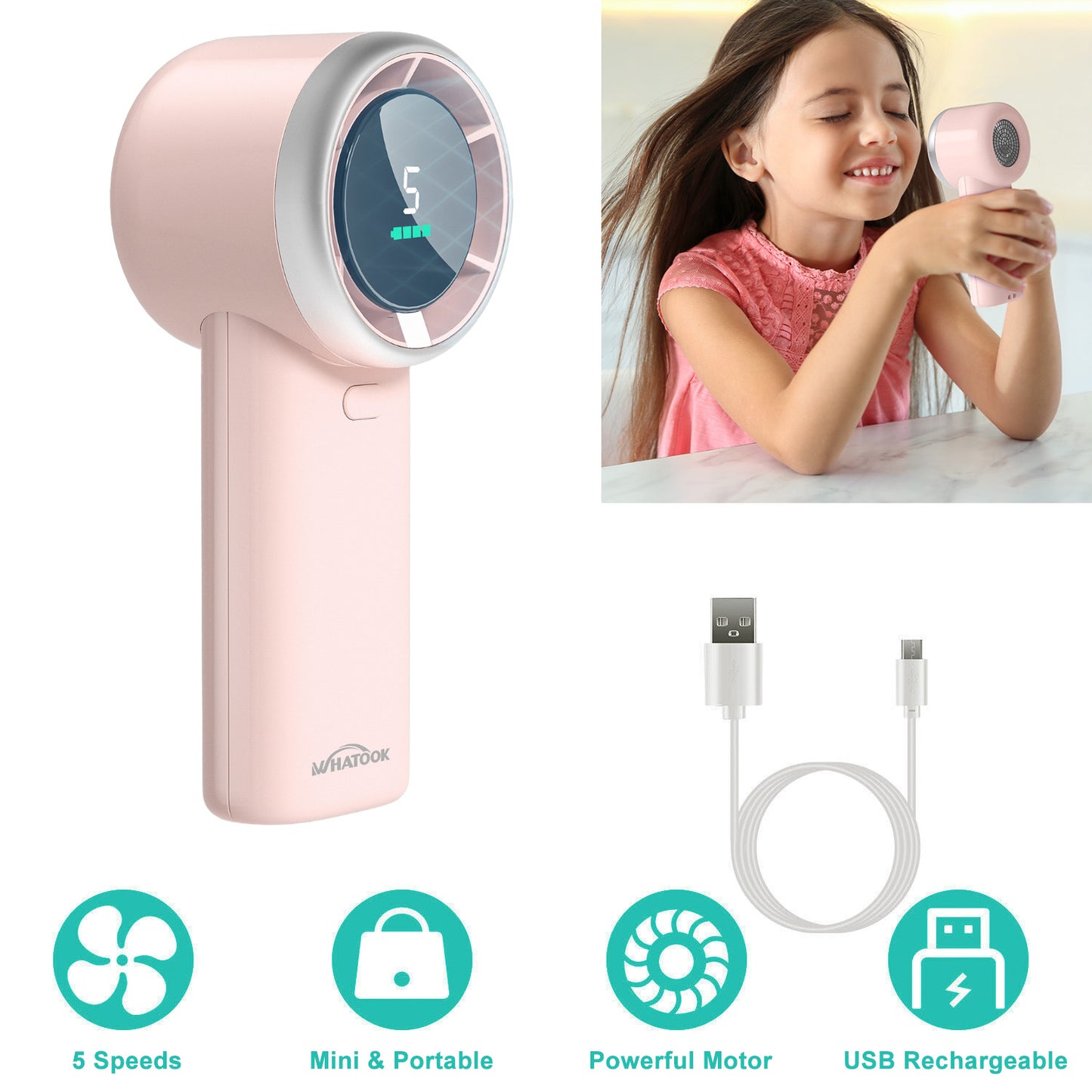 Portable Handheld Fan, Adjustable Turbo Mini Fan,Rechargeable Personal Fan,Digital Display,Gifts for Women Men Travel/Camping/Outdoor-Pink
