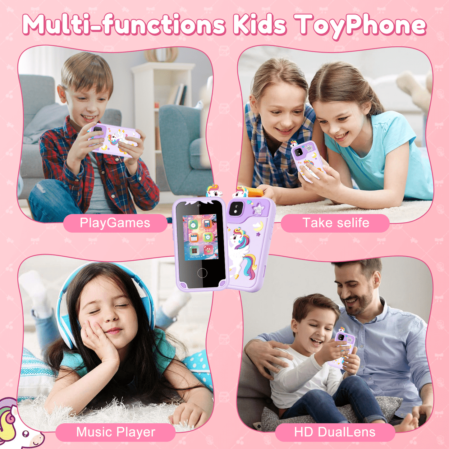 WHATOOK Kids Smart Phone for Boys with 32G Card , Christmas Birthday Gifts for Age 3-10 Kids Toys Cell Phone, 2.8" Touchscreen Toddler Learning Toy, Dual Lens, Music Player Purple