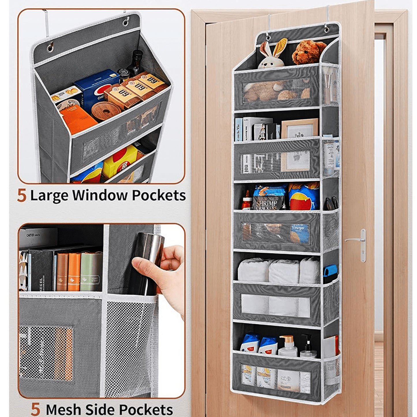 SPORTS JOY 5 Shelf Over The Door Storage with 5 Side Pockets, Anti Tilt 50lbs Load Behind Door Organizer, Hanging Closet Clear Window Storage Bag for Bedroom, Bathroom, Pantry, Kitchen (Gray)