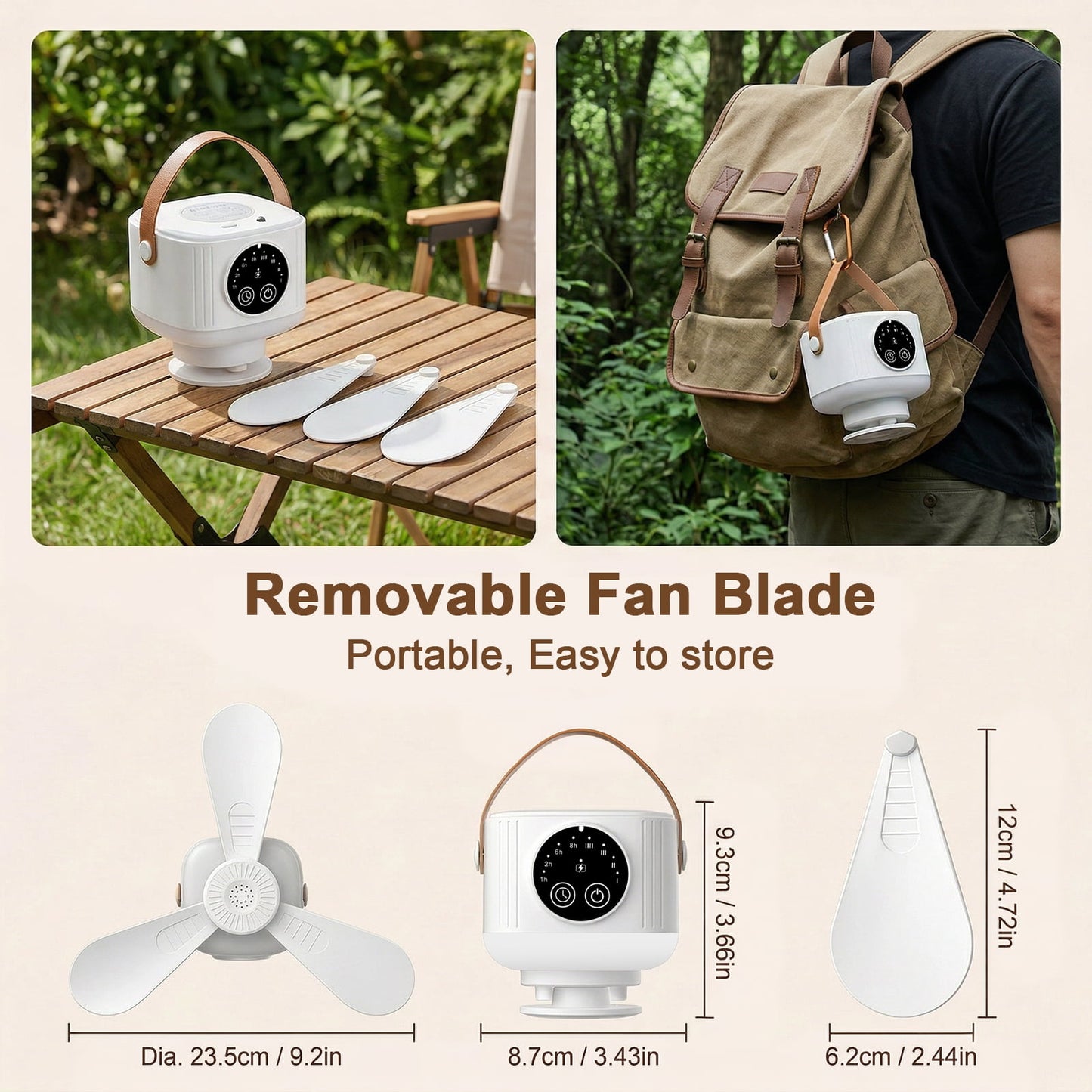 Merryhome Camping Fan with Light, 7200mAh Rechargeable Tent Fan with Remote, 4 Speeds, Timer and LED Lantern for Camping, Travel and Emergency, White