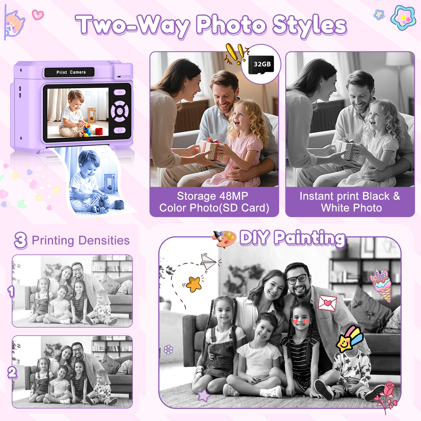 Teblint 2.4" Kids Camera Instant Print, 48MP & 1080P HD Digital Camera with 32GB Card, 4-Color Print Paper, Christmas Birthday Gifts for Boys & Girls Age 3-12, Purple
