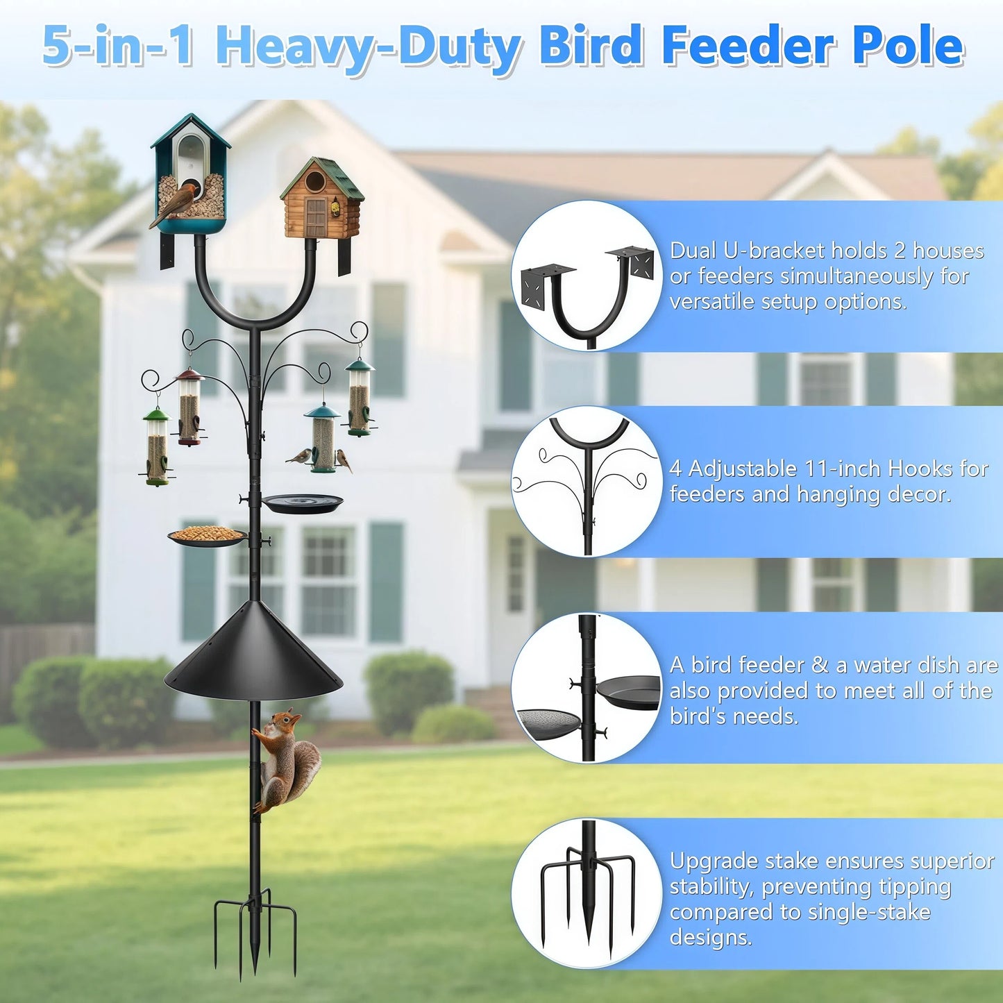 Teblint 108" Bird Feeding Station, Heavy Duty Bird Feeder Pole Bird House Stand Mount Kit w/ Squirrel Proof Baffle Upgraded U-Shape Platform 4 Shepherd Hooks Adjustable Feeder Stand for Outdoor