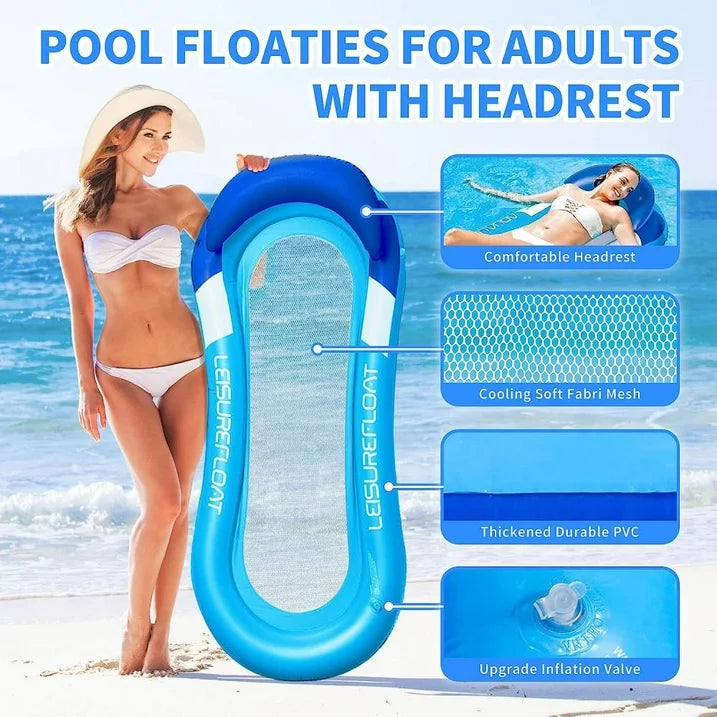 Inflatable Pool Floats Raft, Floating Pool Lounge with Headrest, Cooling Pool Floaties Contour Lounger, Water Hammock, Swim Pool Raft with Mesh, Beach Toy for Adults (Blue)