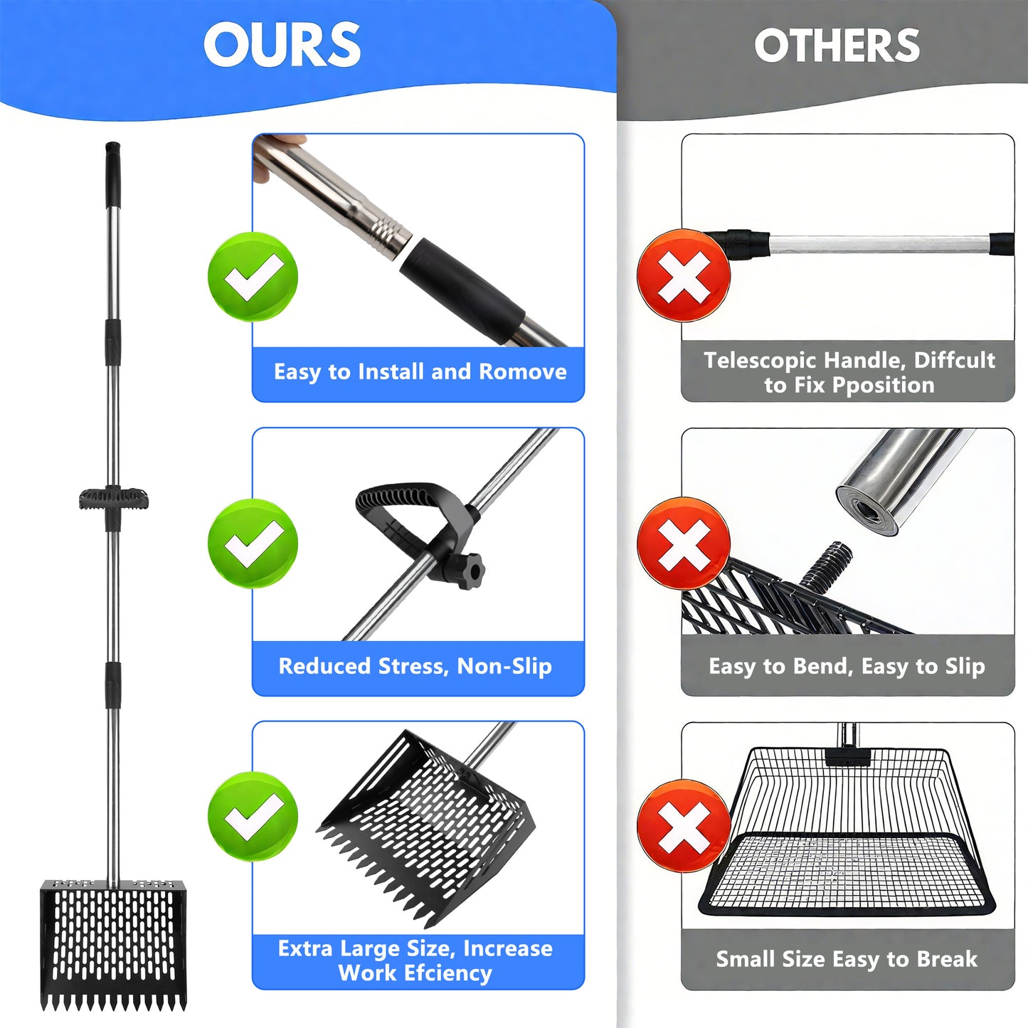 Metal Chicken Poop Scooper, 24 to 68" Long Chicken Coop Litter Scoop with Stainless Steel Handle, 4 in 1 Multifunctional Heavy Duty Litter Sifting Shovel Chicken Coop Accessories