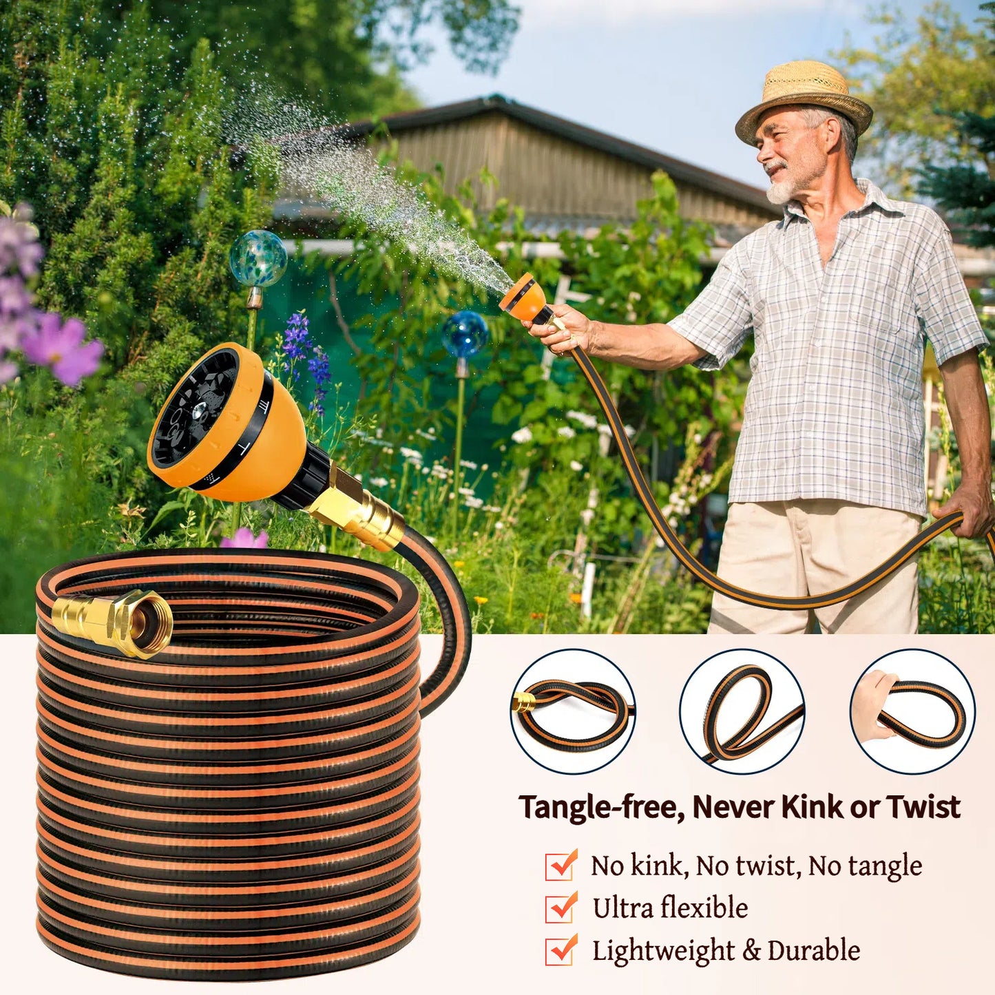 Teblint Ultra Lightweight Garden Hose 50FT, Heavy Duty Non-Expandable Water Hose Pipe, 3/4" Solid Brass Swivel Fittings & 10 Function Spray Nozzle, Flexible, No Kink & Leak Proof (Orange)