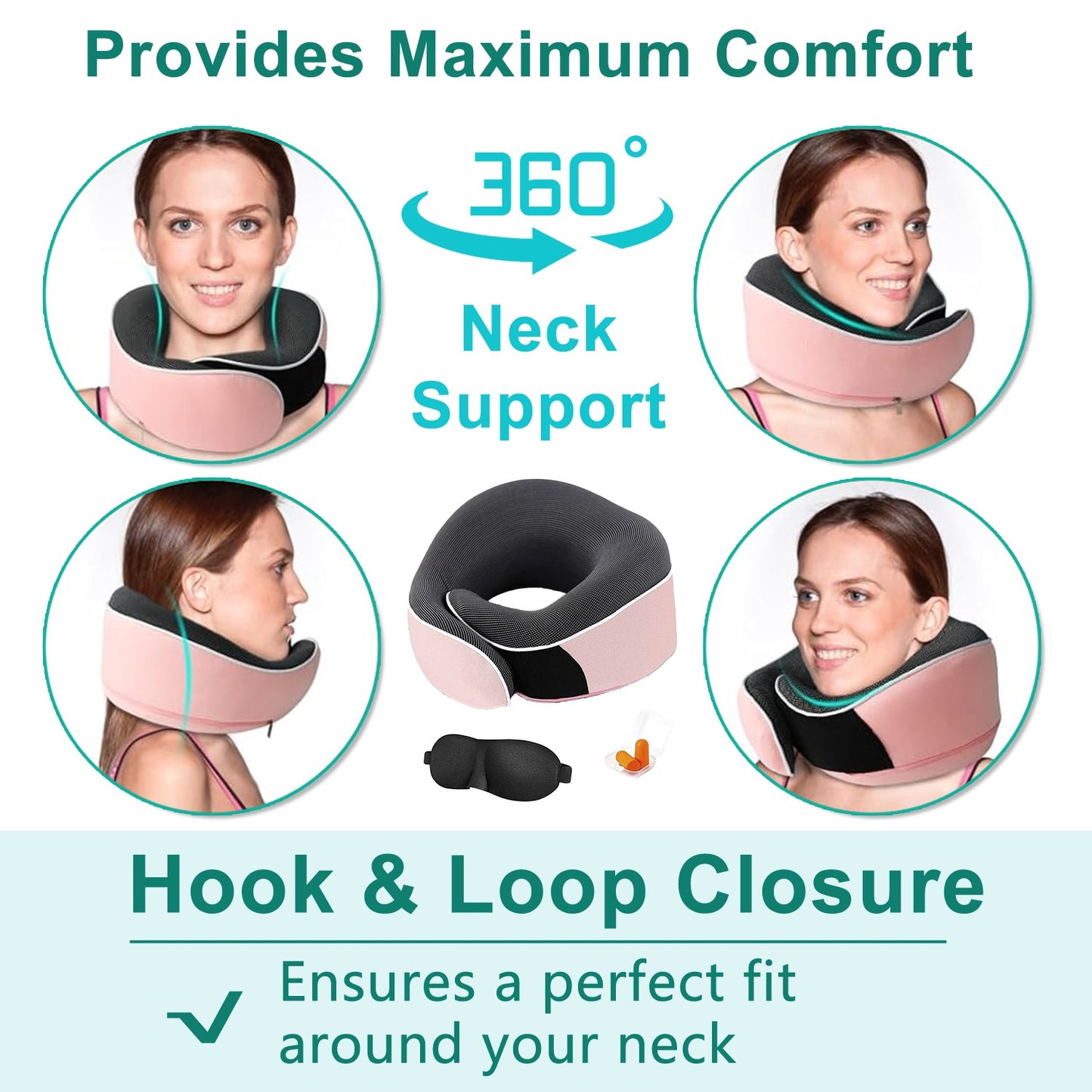 Travel Pillow, Memory Foam Travel Neck Pillow, Adjustable 360° Ergonomic Support Function for Travel with Pillow, Mask, Earplugs, Storage Bag