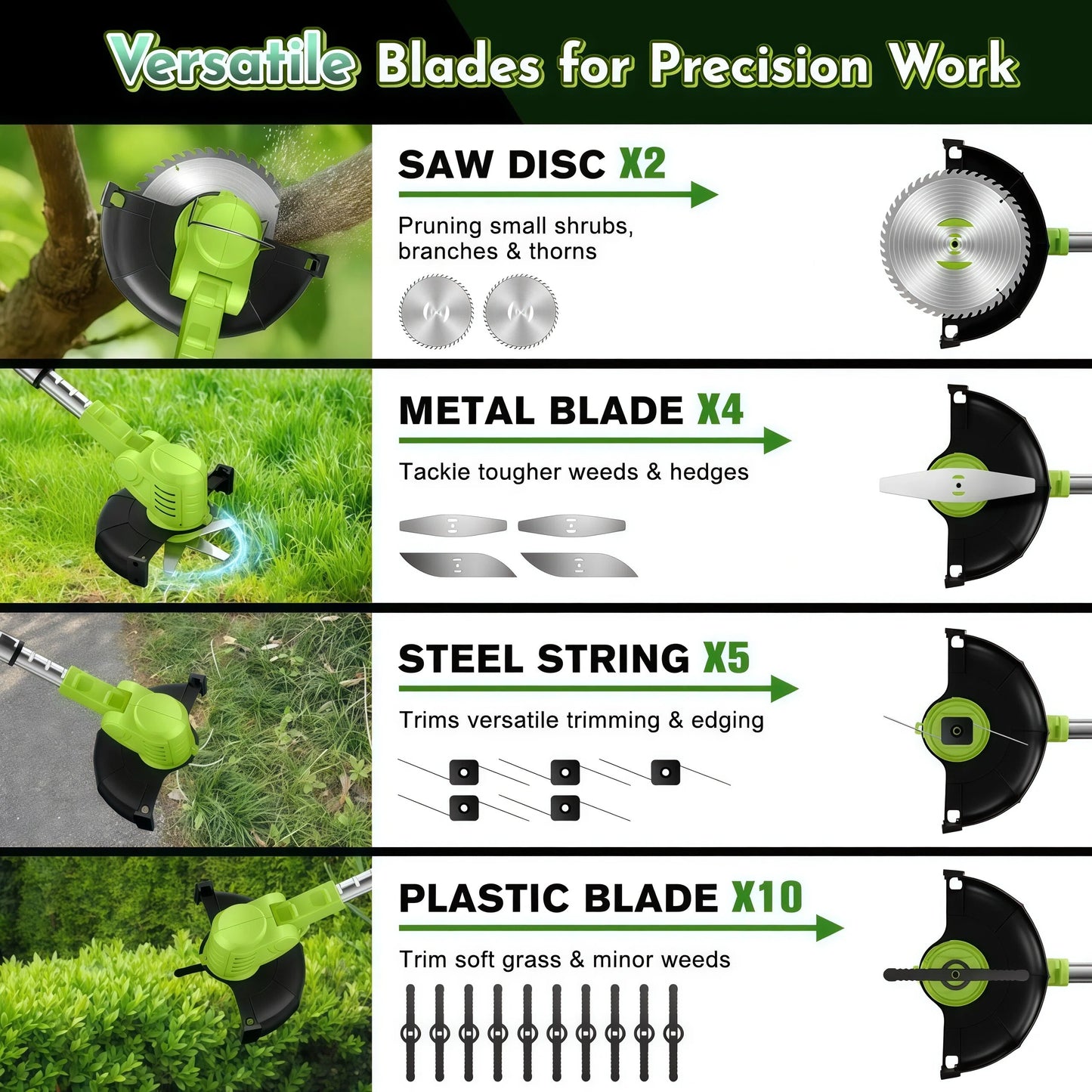 Teblint 650W Electric Weed Wacker, Cordless String Trimmer, Weed Eater Grass Trimmer/Edger/Cutter with Wheels, 2Pcs 21V Batteries, 5 Types of Blades, Adjustable Length for Lawn Yard Garden (Green)