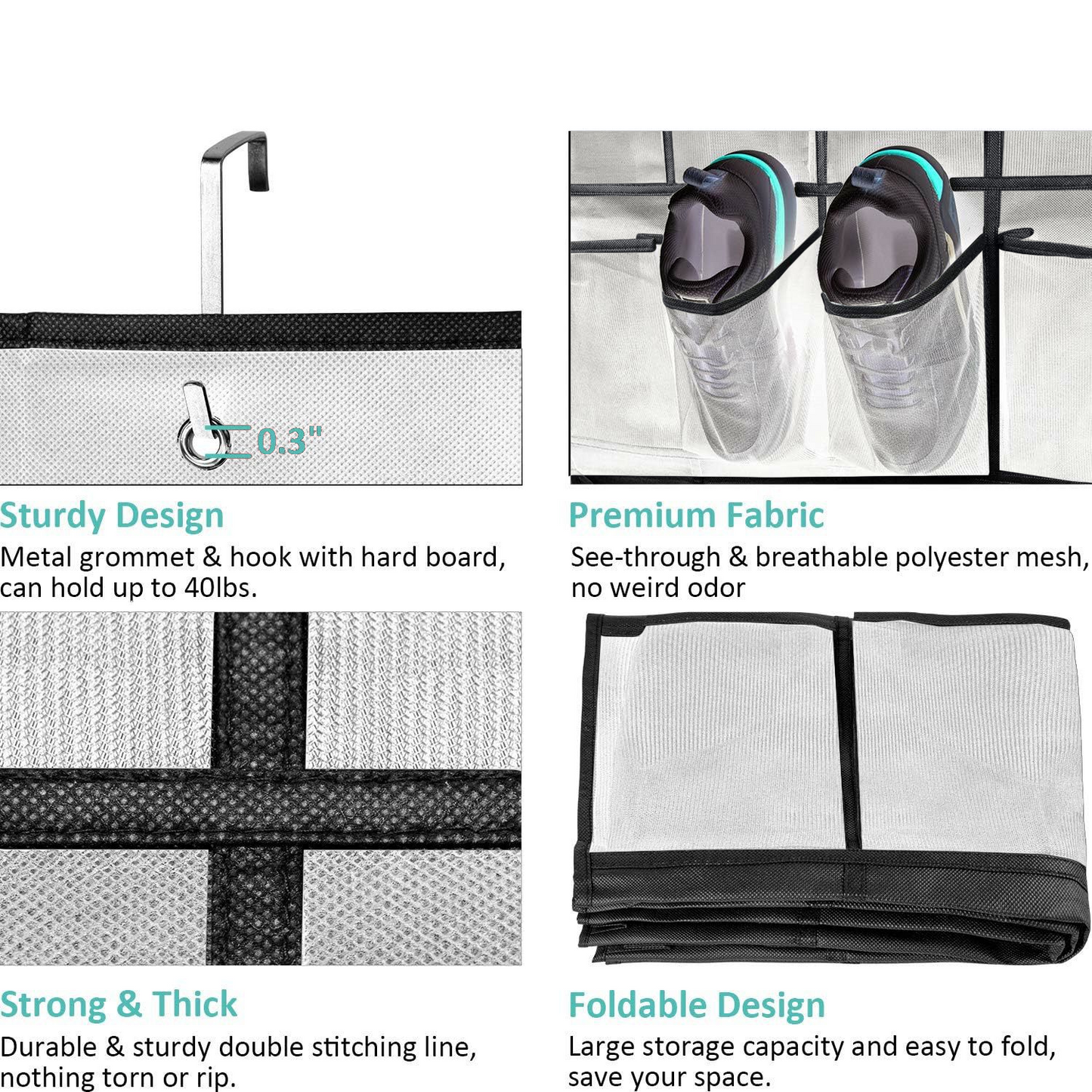 SPORTS JOY 35 Pockets Over the Door Shoe Organizer, Hanging Shoe Organizer for Door with 35 Mesh Pockets Large Capacity Shoe Hanging Storage Bag with 4 Metal Hooks (White)