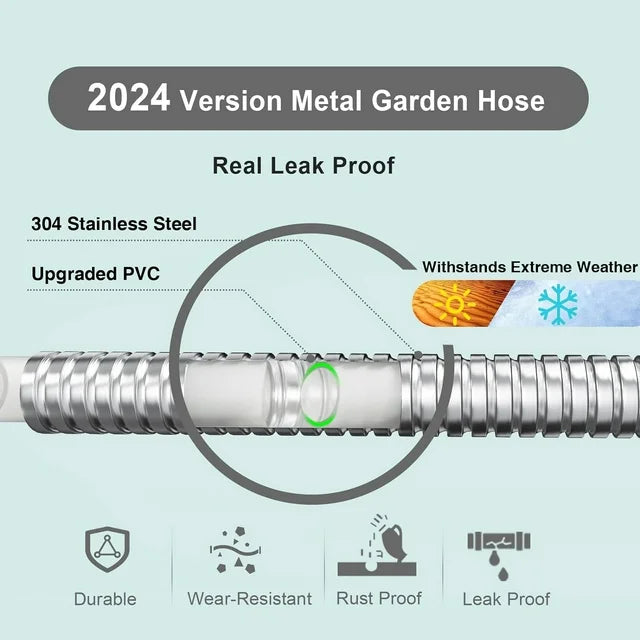 Sevenlady Metal Garden Hose 50ft, 304 Stainless Steel Garden Hose, Heavy Duty Water Hoses with 10 Function Hose Nozzle, Flexible, No Kink & Tangle, Puncture Proof Hose for Yard, Outdoors, Rv
