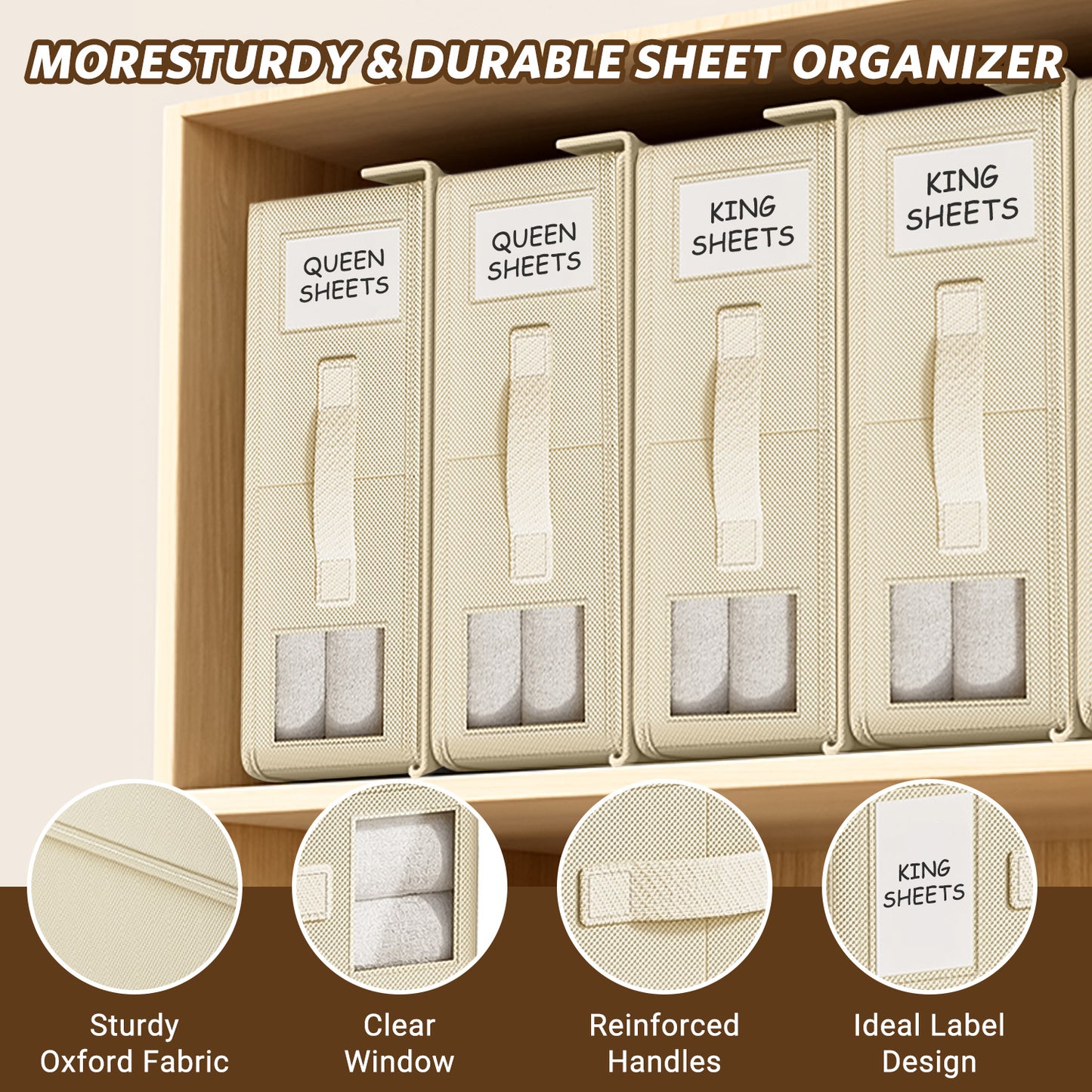 SPORTS JOY 4Pack Bed Sheet Organizer and Storage, Foldable Linen Closet Organizer and Storage with Window, Sheet Storage Organizer for Bedsheets, Blankets and Towel, Duvet Covers (Beige)