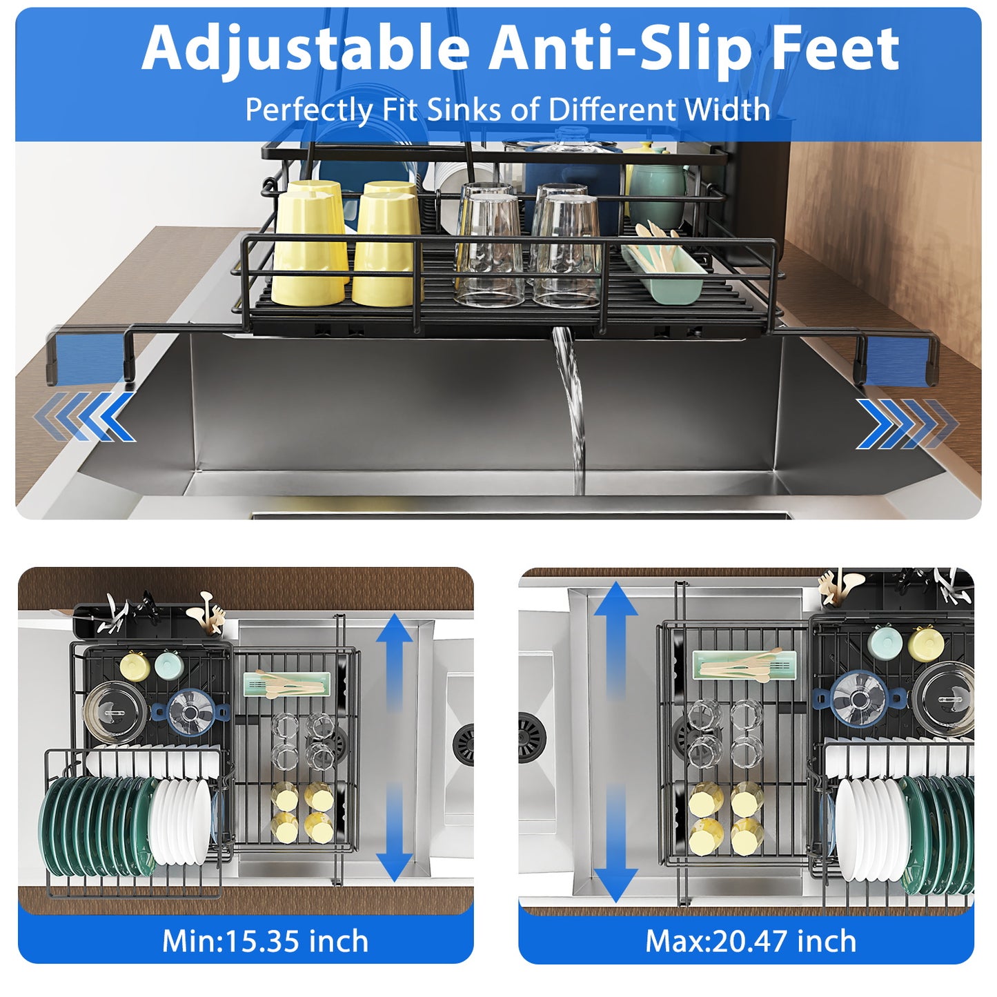 Teblint 2 Tier Dish Racks for Kitchen Counter, Expandable Dish Drying Rack with Dish Drainer, Detachable Dish Dryer for Kitchen Organizer, Rust-Resistant Dish Rack Drain Set with Utensil Holder