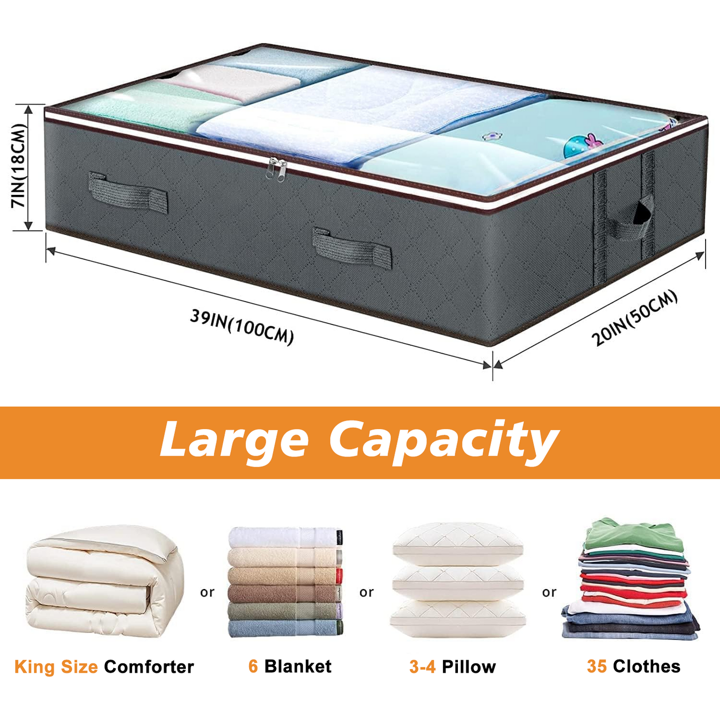 SPORTS JOY 2Pack 90L Under Bed Storage Bags with Reinforced Handles, Visible Underbed Storage Containers, Foldable Breathable Closet Storage for Blankets, Comforter, Sweaters, Pillows, Sheets (Gray)