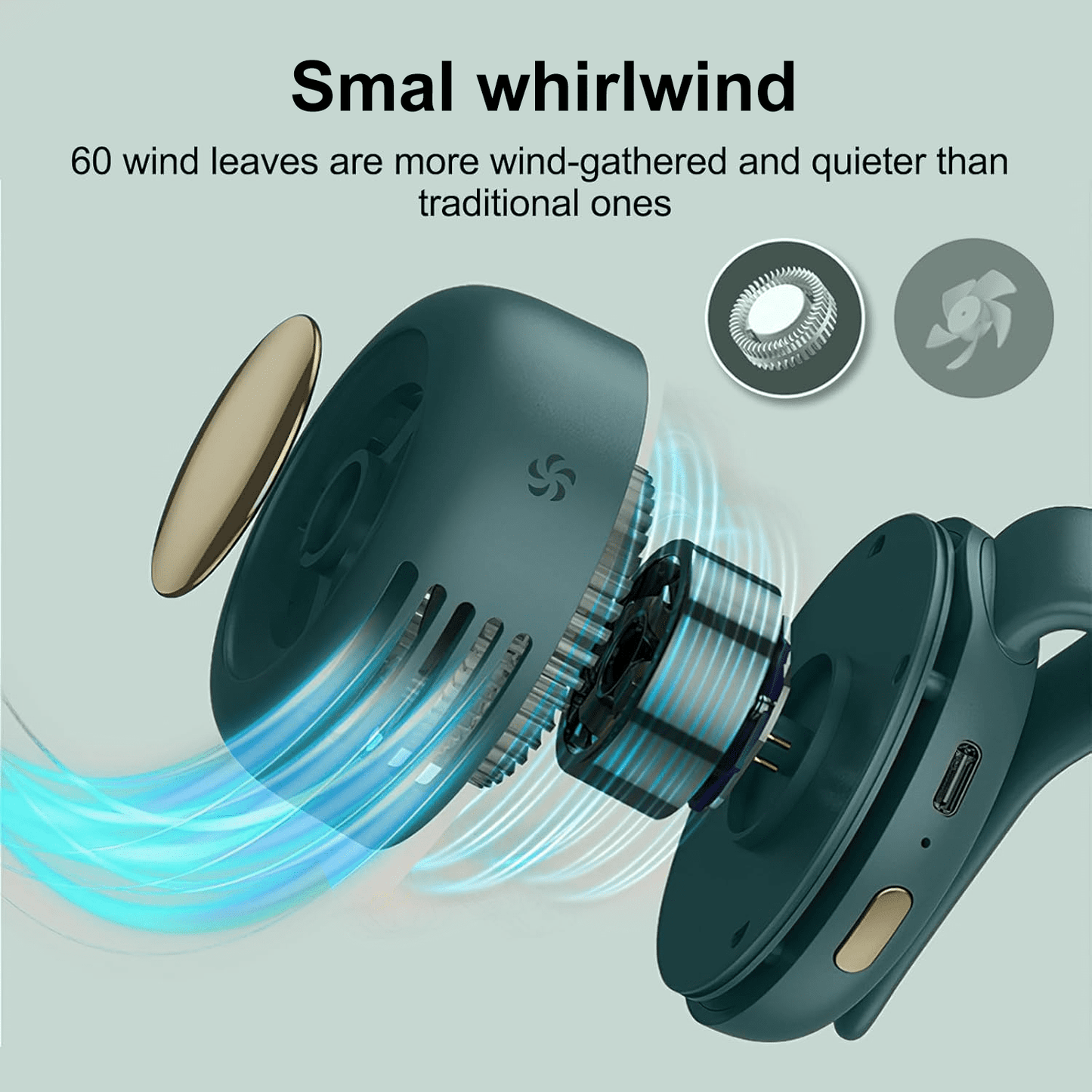 SPORTS JOY Whirlwind Cooling Fan, 2 in 1 Clip Waist Neck Fan, 3 Speeds USB Rechargeable Bladeless Electric Fan, 360° Rotation Personal Shirt Fan for Office, Gym, Travel, Camping, Gift (Green)