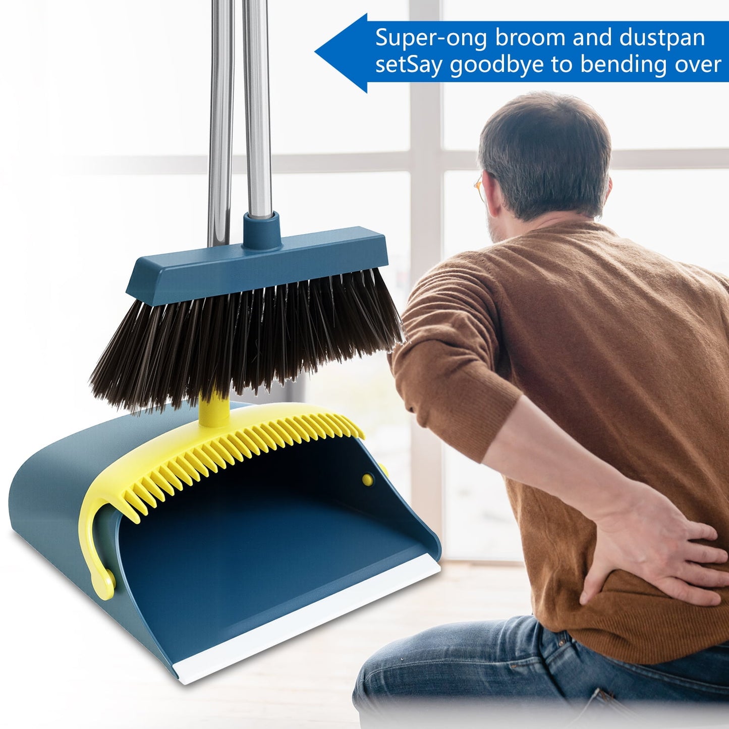 Broom and Dustpan Set, Adjustable Handle, Self-Cleaning Teeth, Space-Saving for Home, Kitchen, Office (Blue)