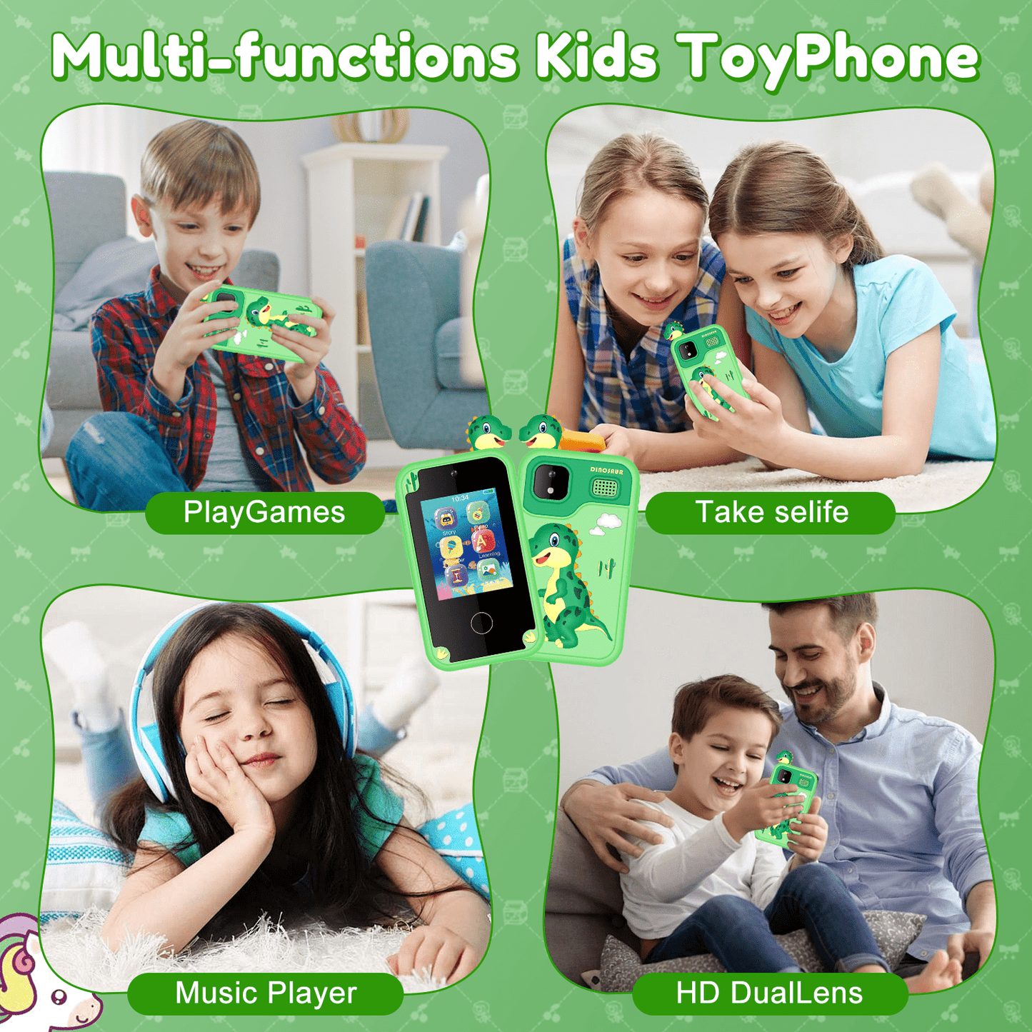 WHATOOK Kids Smart Phone, 32G Card Christmas Birthday Gifts for Age 3-10 Kids Toys Cell Phone, 2.8" Touchscreen Toddler Learning Play Toy, Dual Camera, Music Player Green