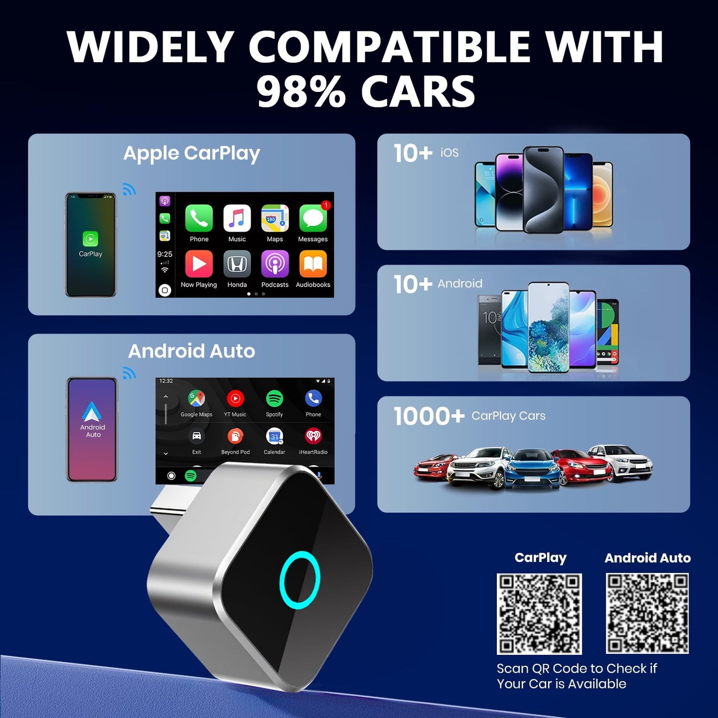 Wireless CarPlay Adapter, 2-in-1 Apple CarPlay and Android Auto Adapter, Convert Wired to Wireless, Plug and Play for iOS 10+ & Android 10+, Black