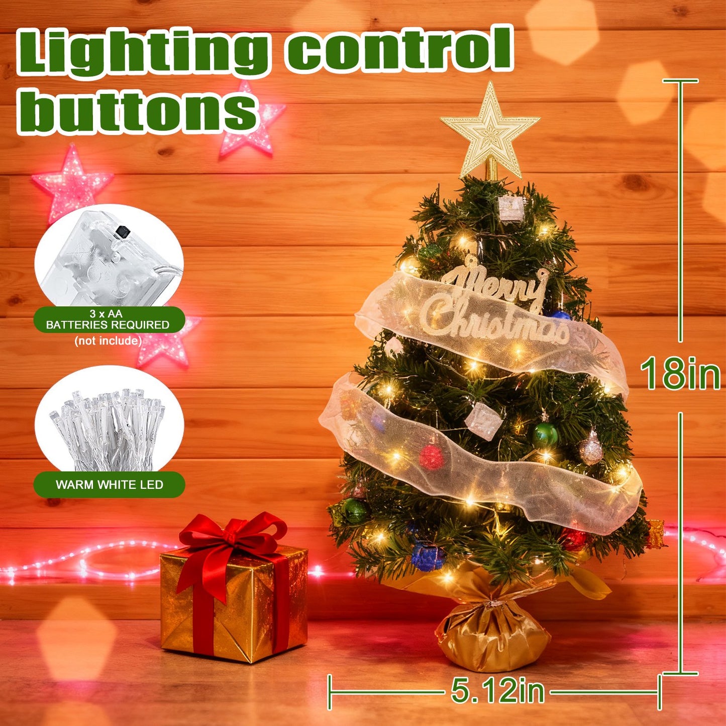 Mini Tabletop Christmas Tree Kit with LED Lights, Ornaments, Gift Boxes & Star Topper – Battery Operated Holiday Decor for Home & Office